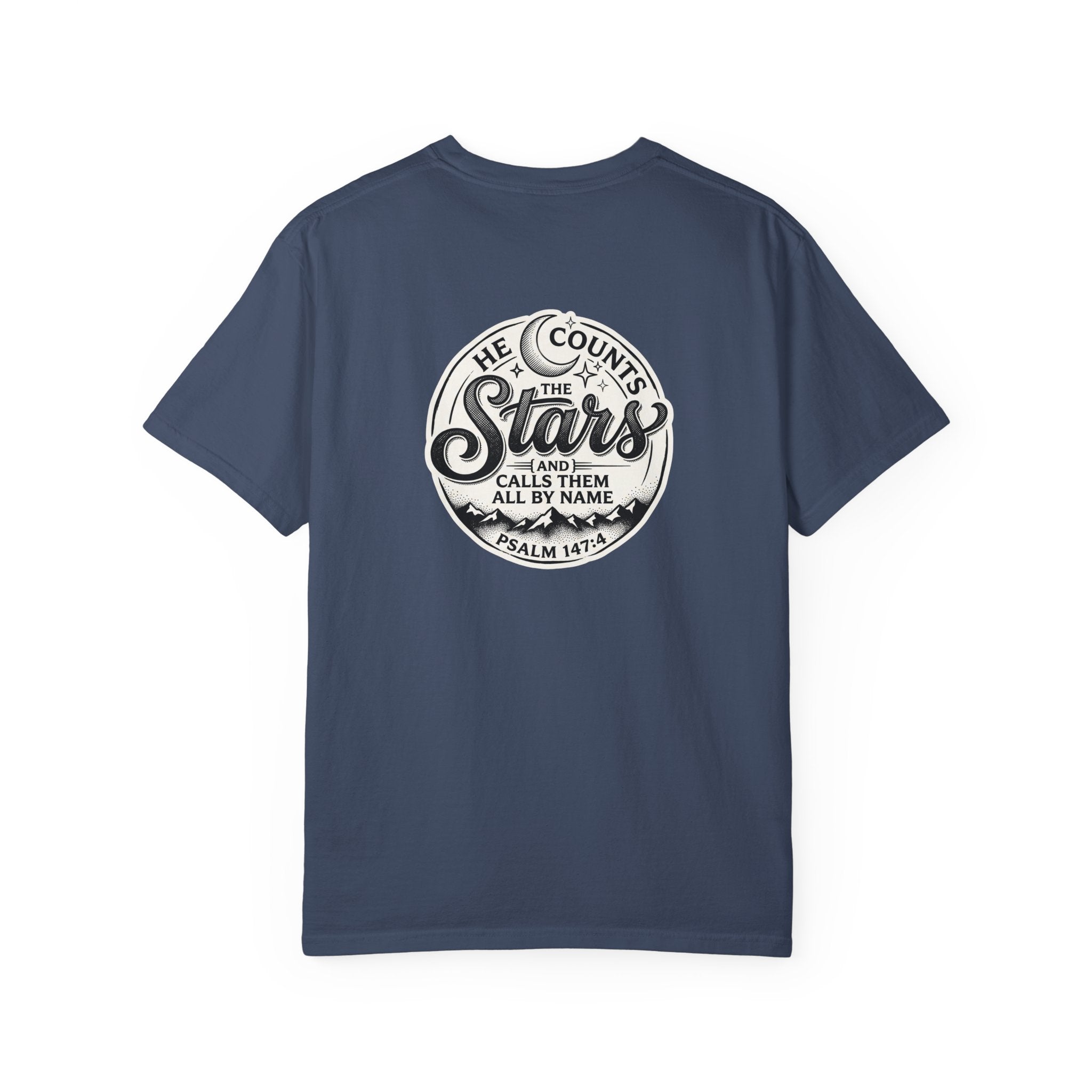 Christian Cross T-Shirt — "He Counts the Stars" Psalm 147:4 Graphic Tee