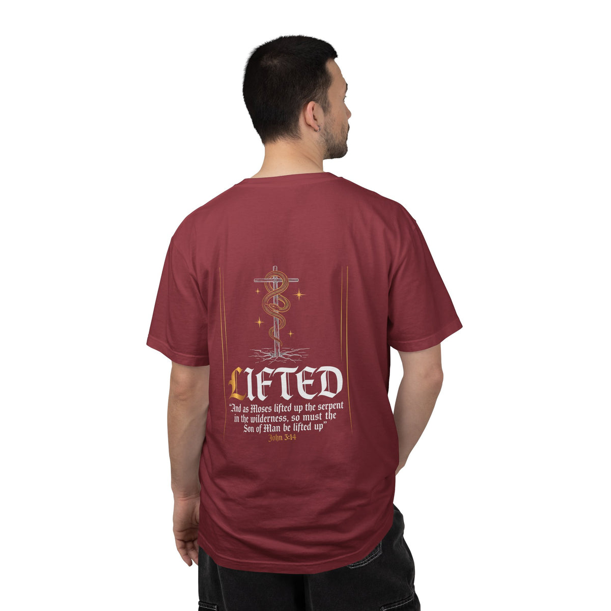 Christian Cross T-Shirt — "Lifted" Inspirational Gospel Tee with Scripture Back Design