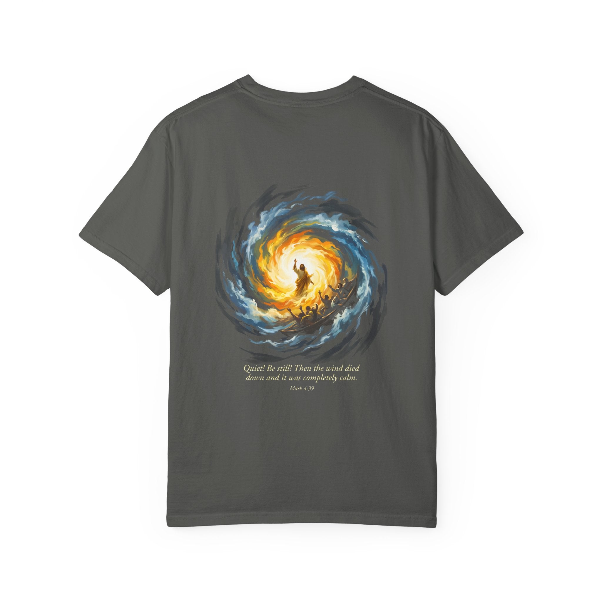 Christian T‑Shirt — Small Chest Cross & 'Quiet Be Still' Scripture Back Design