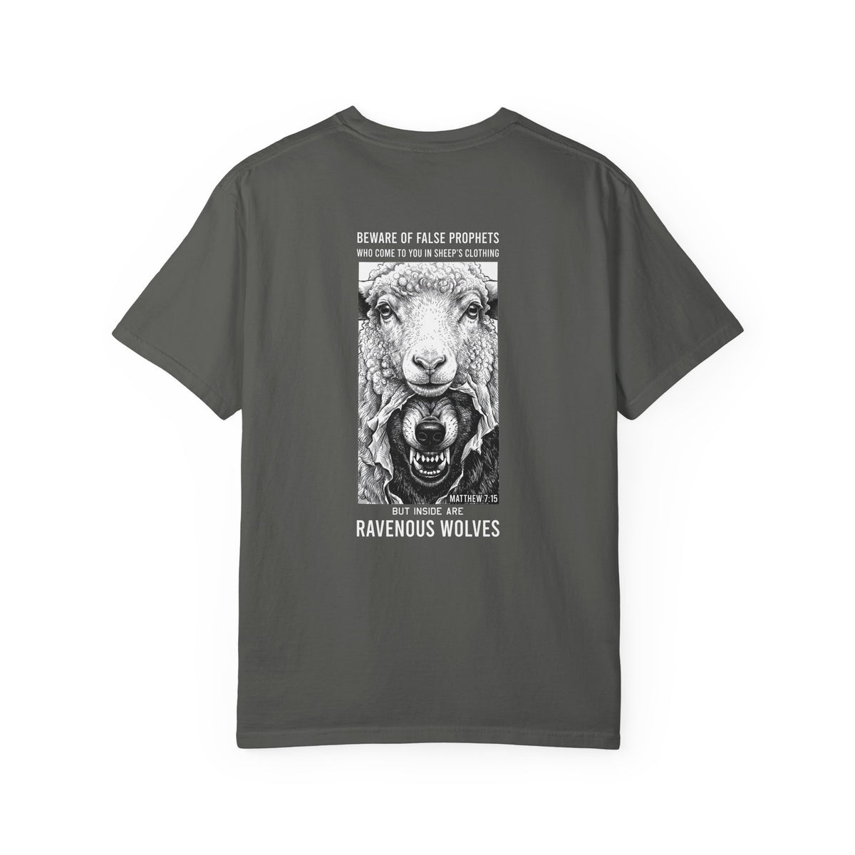 Ravenous Wolves Graphic T-Shirt — 'Beware of False Prophets' Christian Cross Tee — Christian graphic back print