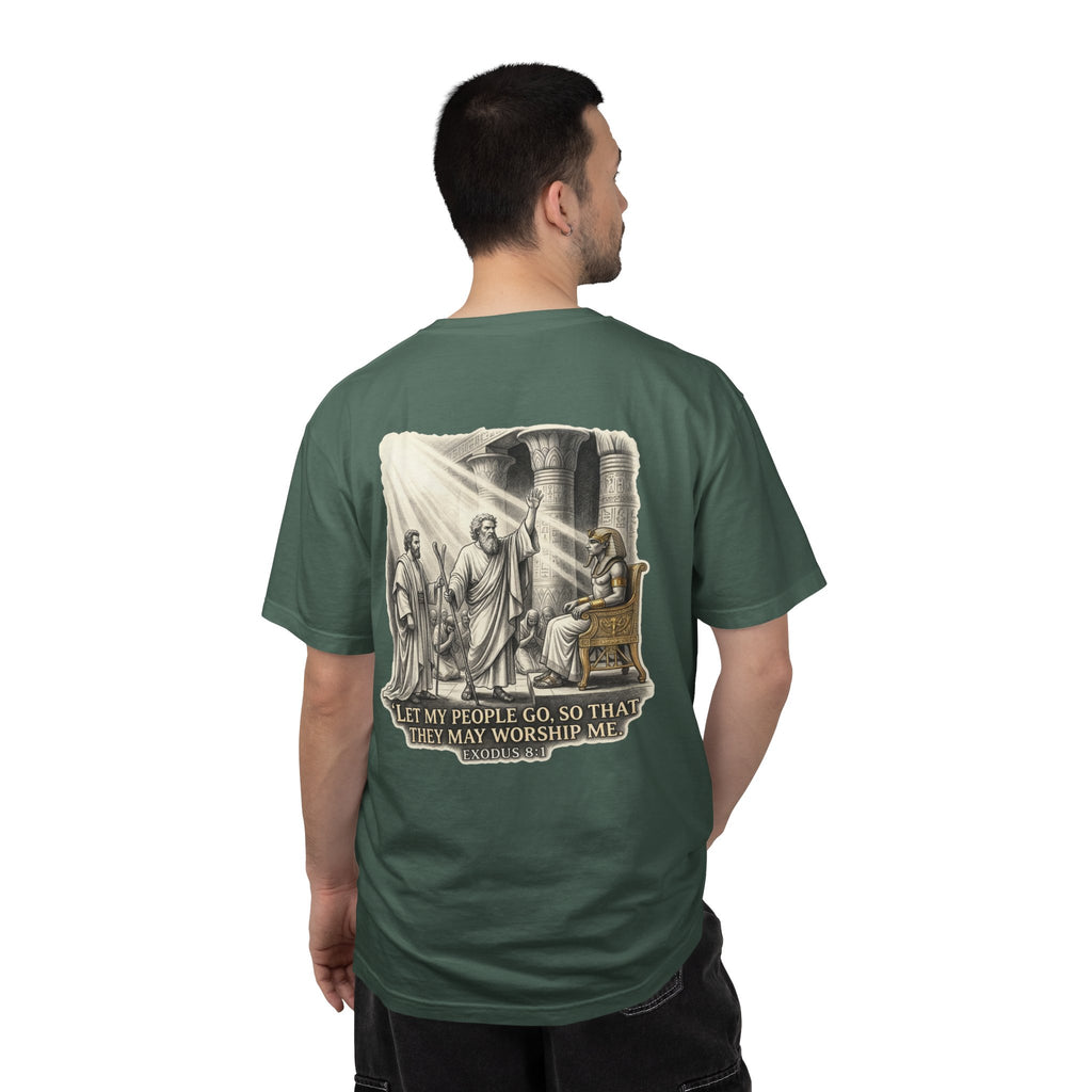Religious T-Shirt — Small Cross Front & 'Let My People Go' Back Graphic