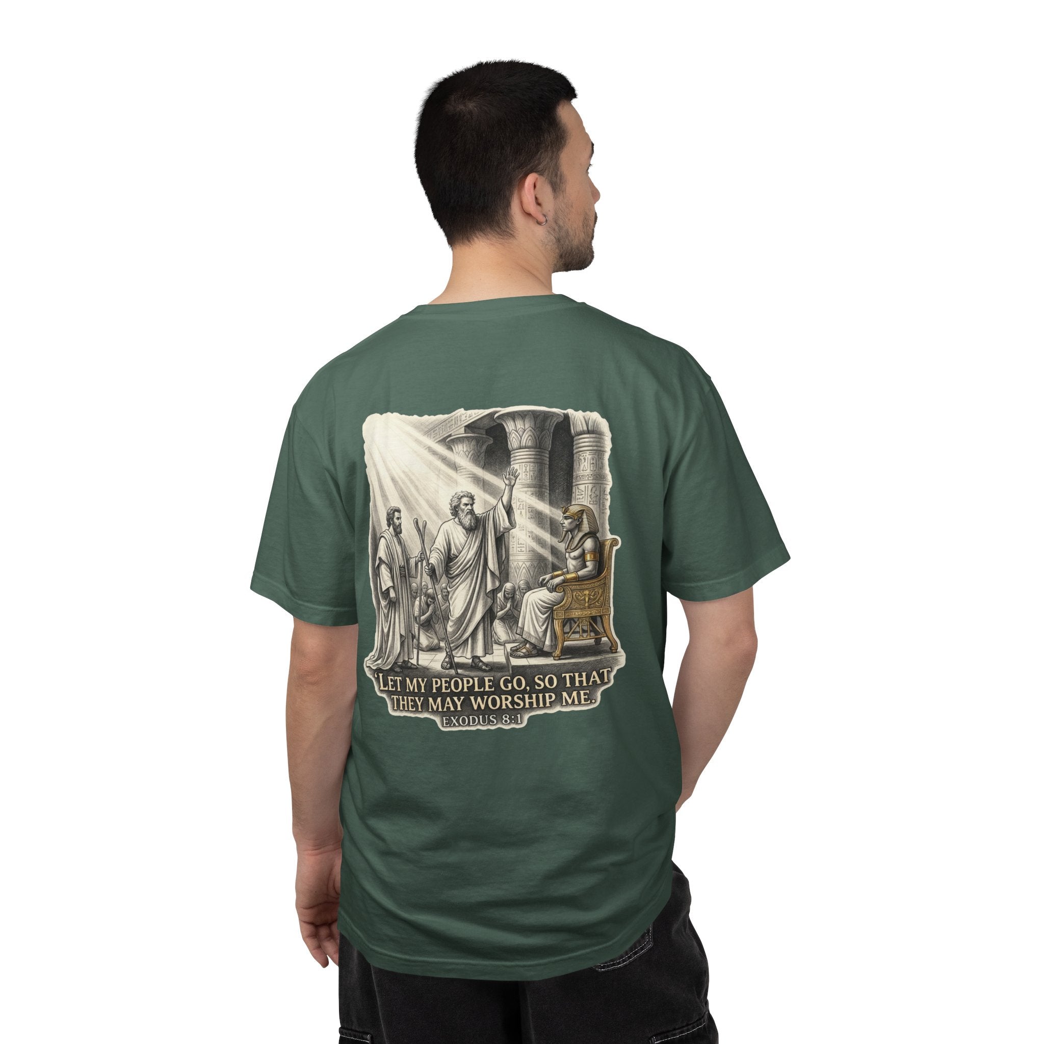 Religious T-Shirt — Small Cross Front & 'Let My People Go' Back Graphic