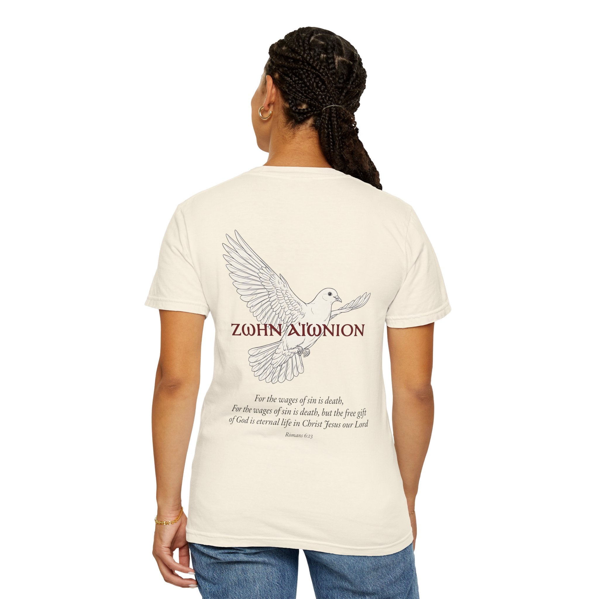 Christian Dove T-Shirt — Three Crosses Front & Dove Back with Scripture