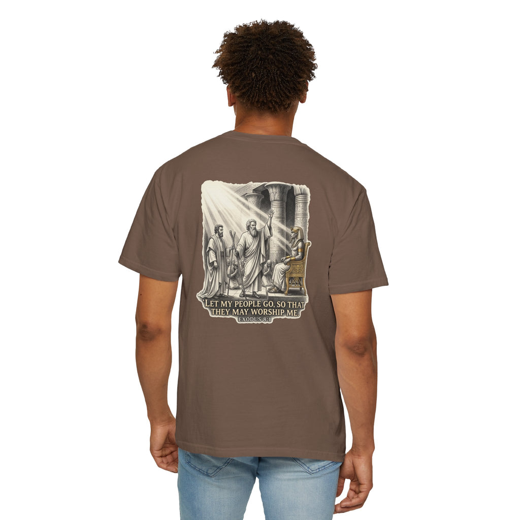 Religious T-Shirt — Small Cross Front & 'Let My People Go' Back Graphic