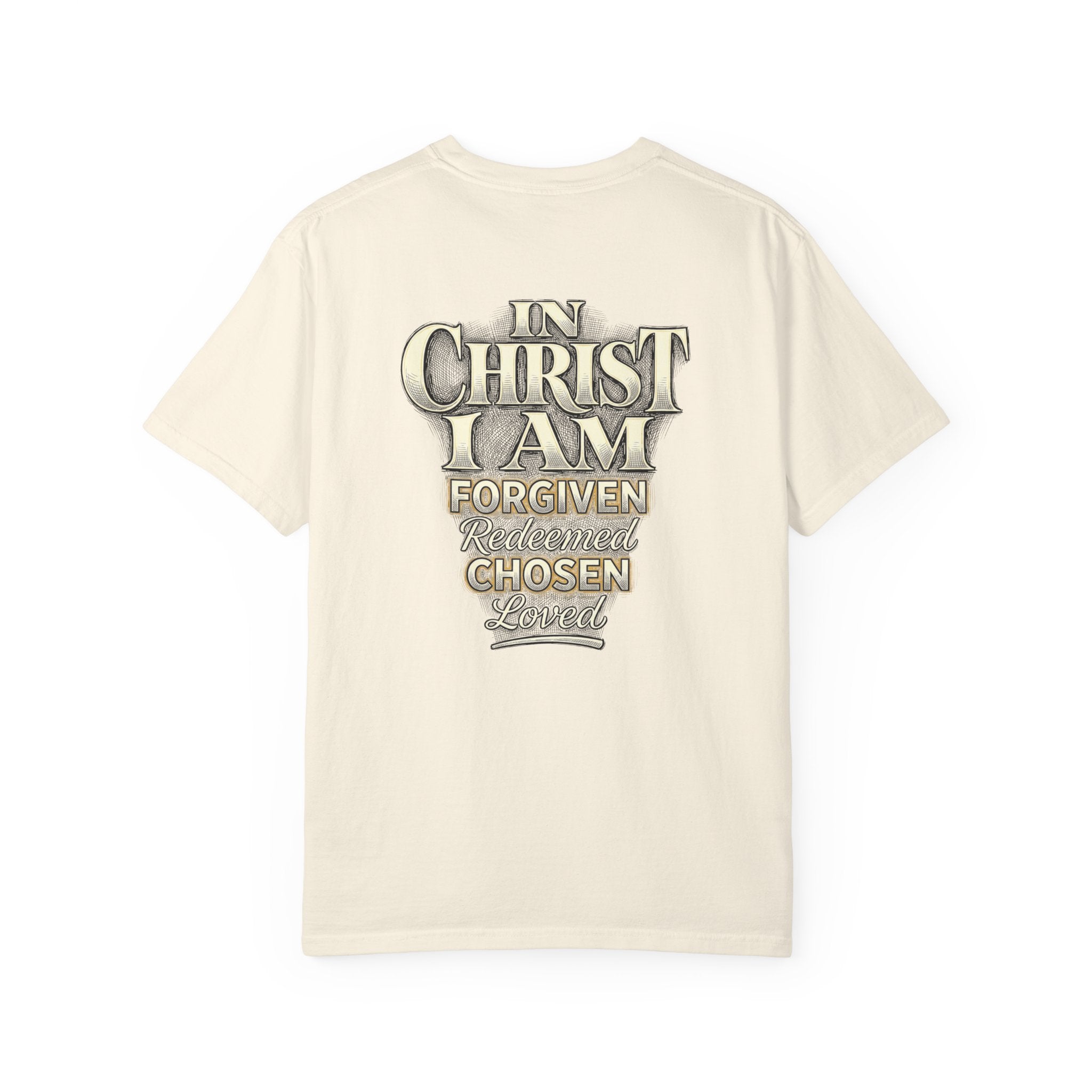 Christian Cross T-Shirt — "In Christ I Am Forgiven, Redeemed, Chosen" Faith Tee