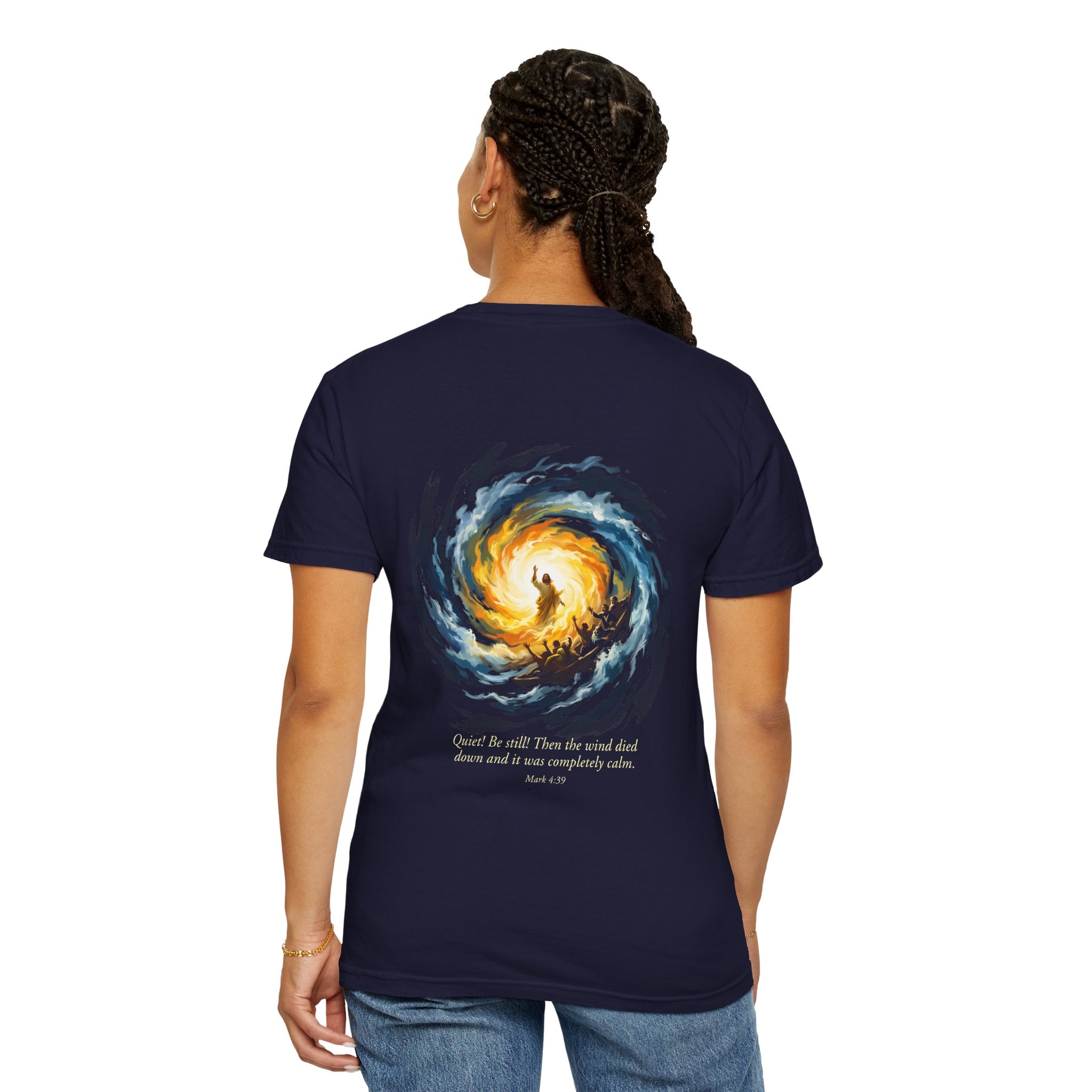 Christian T‑Shirt — Small Chest Cross & 'Quiet Be Still' Scripture Back Design