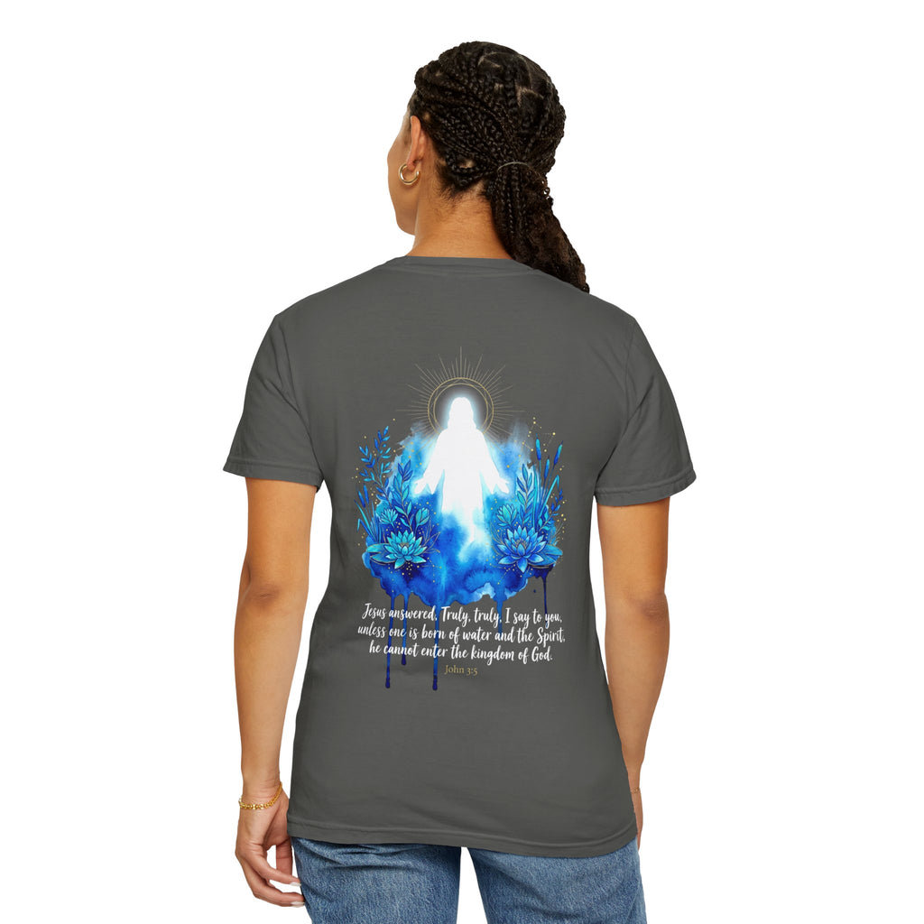 Christian T-Shirt — White Cross Front & Glowing Jesus Back with Blue Flowers (Religious Faith Tee)