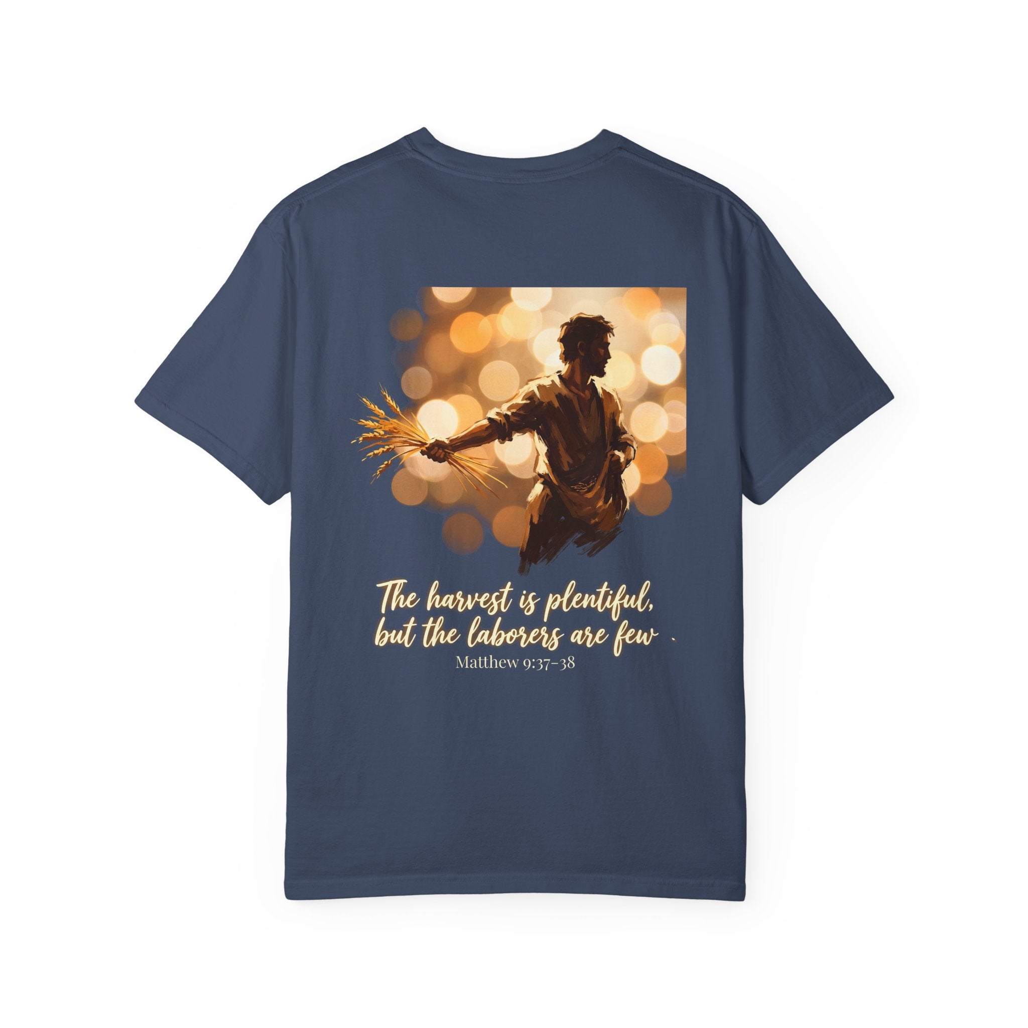 Christian Cross T-Shirt — "The harvest is plentiful, but the laborers are few" Back Graphic