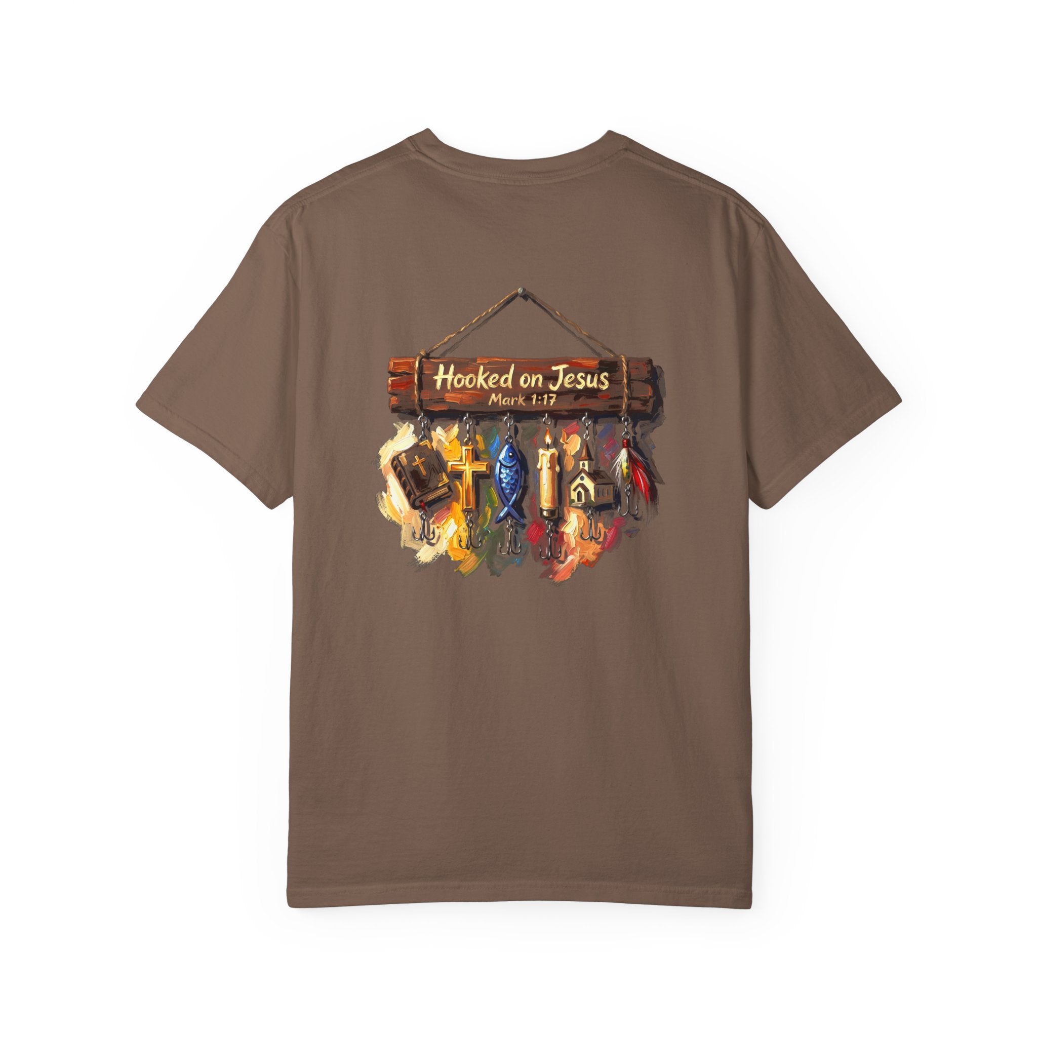 Christian Fishing T-Shirt — “Hooked on Jesus” Graphic Tee with Small Front Cross