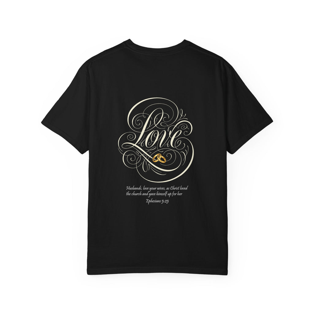 Christian Love Tee — Scripture Cross Back Design (1 John 4:19)