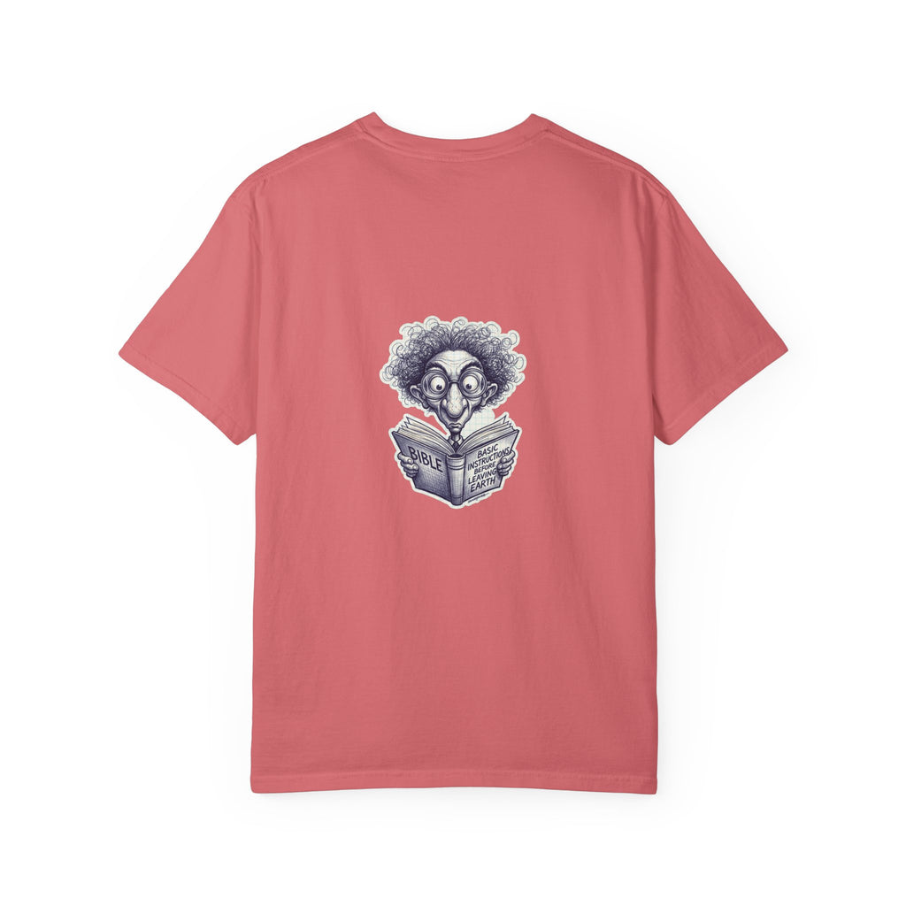 Graphic T-Shirt — Small Cross Front & Whimsical Reader Illustration Back