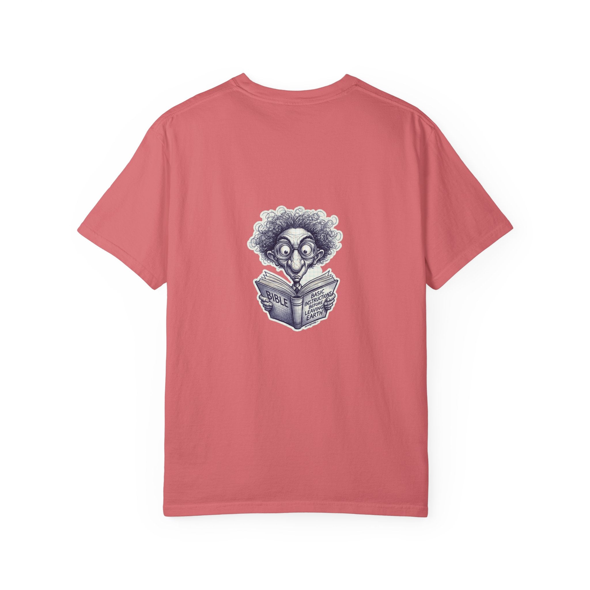 Graphic T-Shirt — Small Cross Front & Whimsical Reader Illustration Back