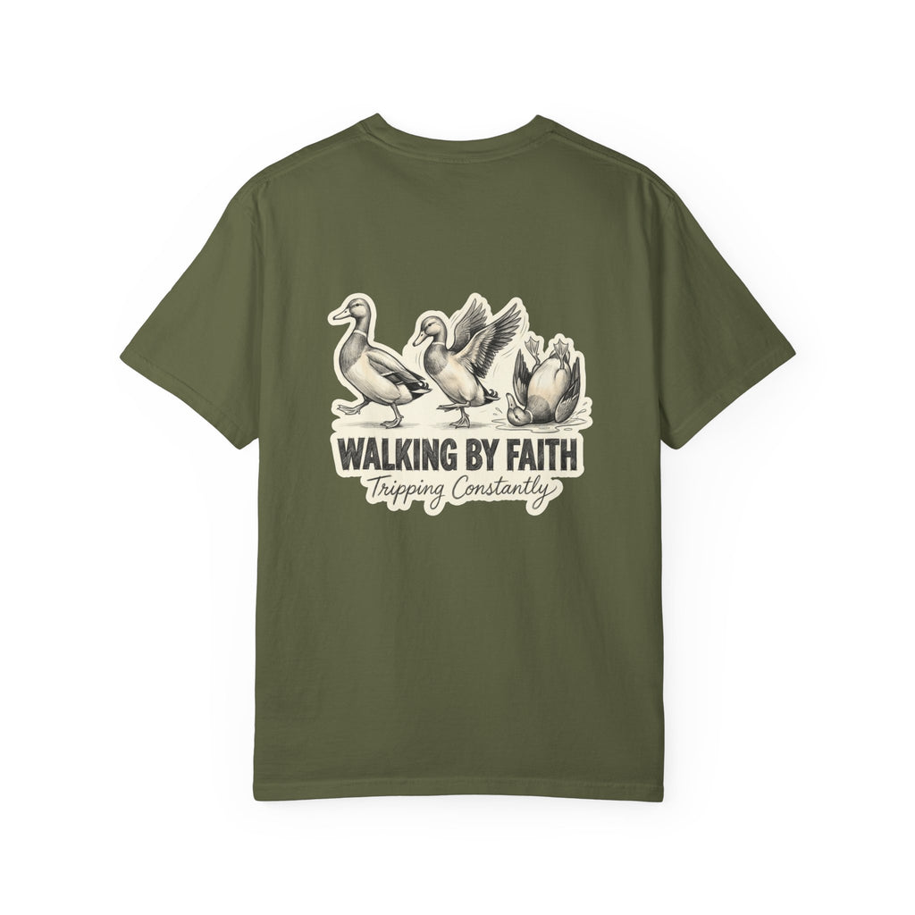 Walking by Faith T-Shirt — Vintage Duck Illustration, "Walking By Faith: Tripping Constantly" Back Graphic