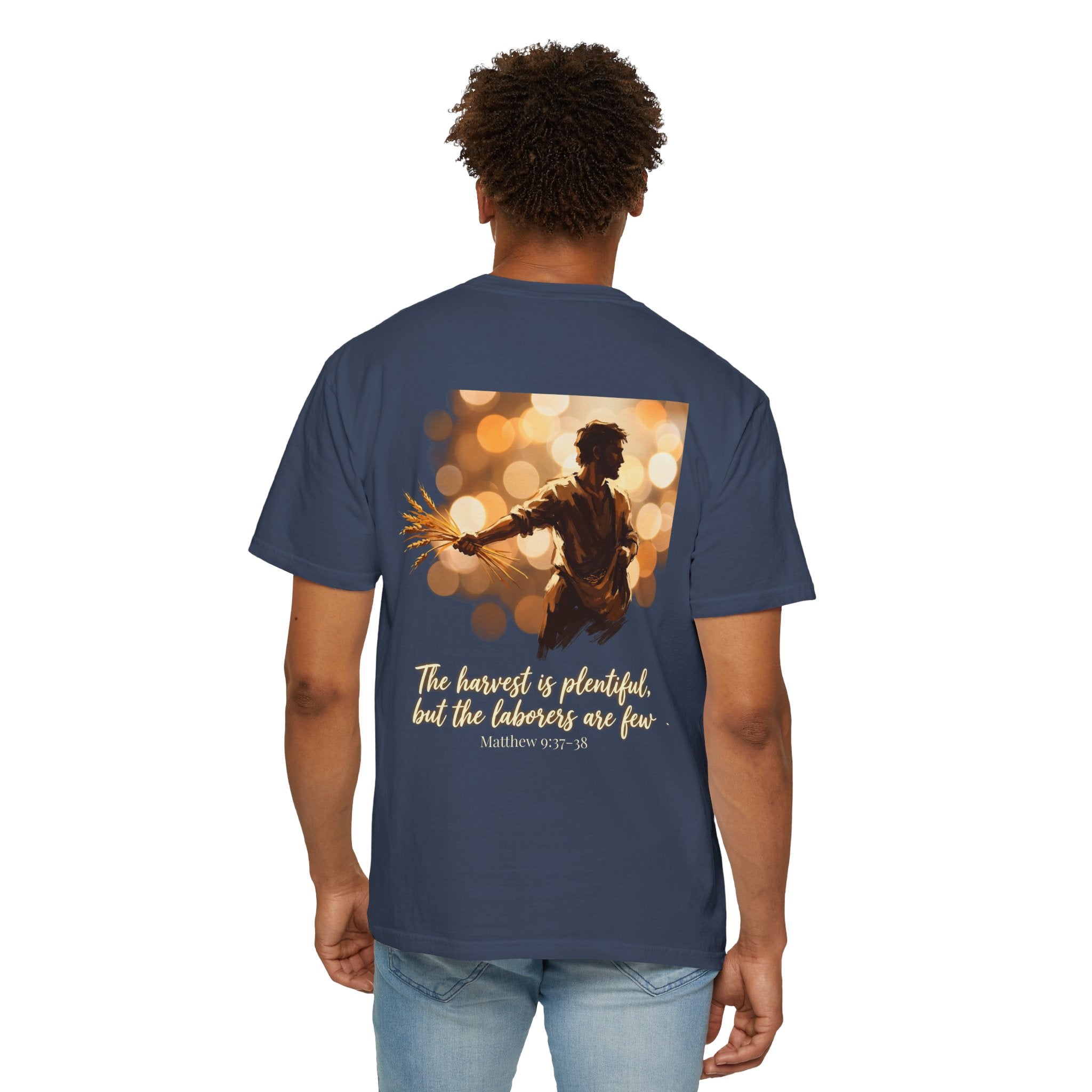 Christian Cross T-Shirt — "The harvest is plentiful, but the laborers are few" Back Graphic