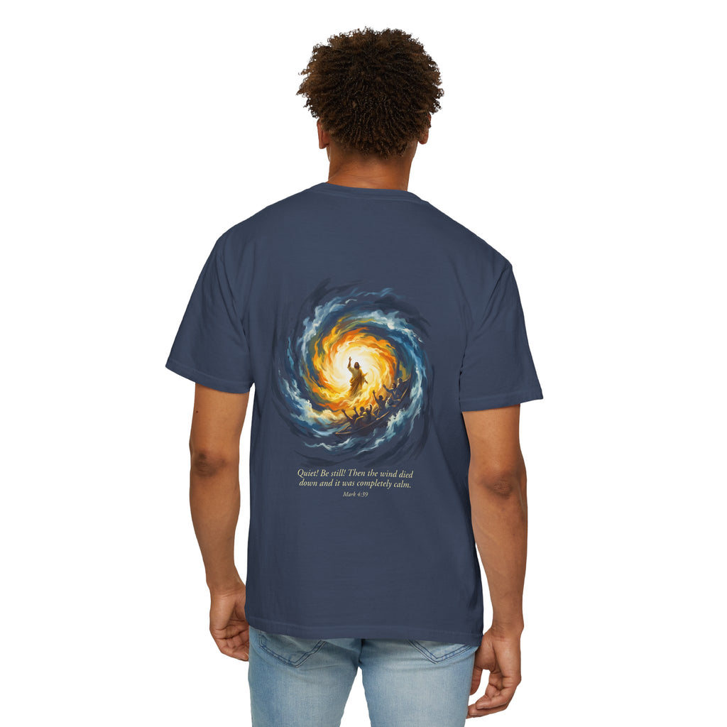 Christian T‑Shirt — Small Chest Cross & 'Quiet Be Still' Scripture Back Design