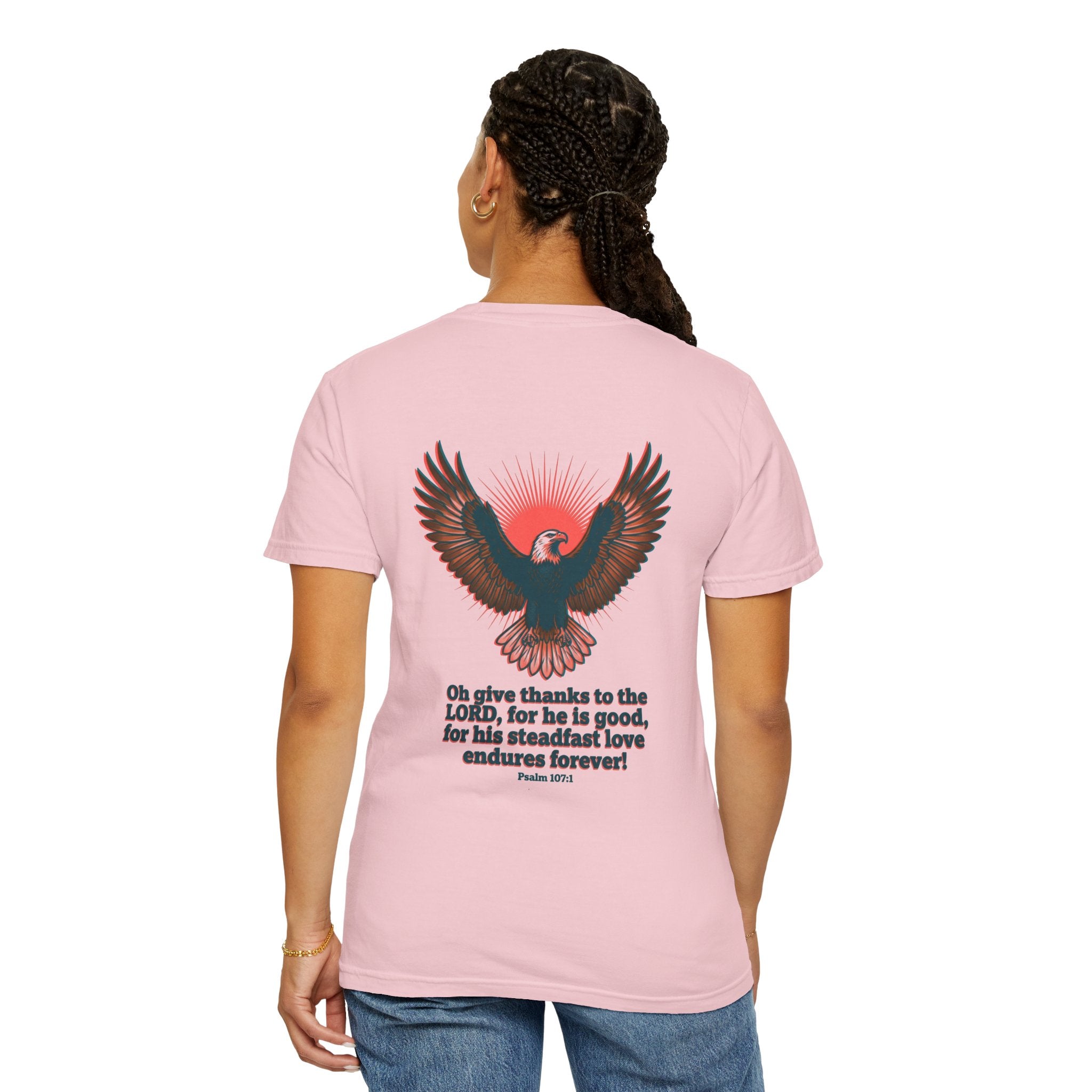 Christian Cross T-Shirt — Eagle Back Print with Psalm 107:1