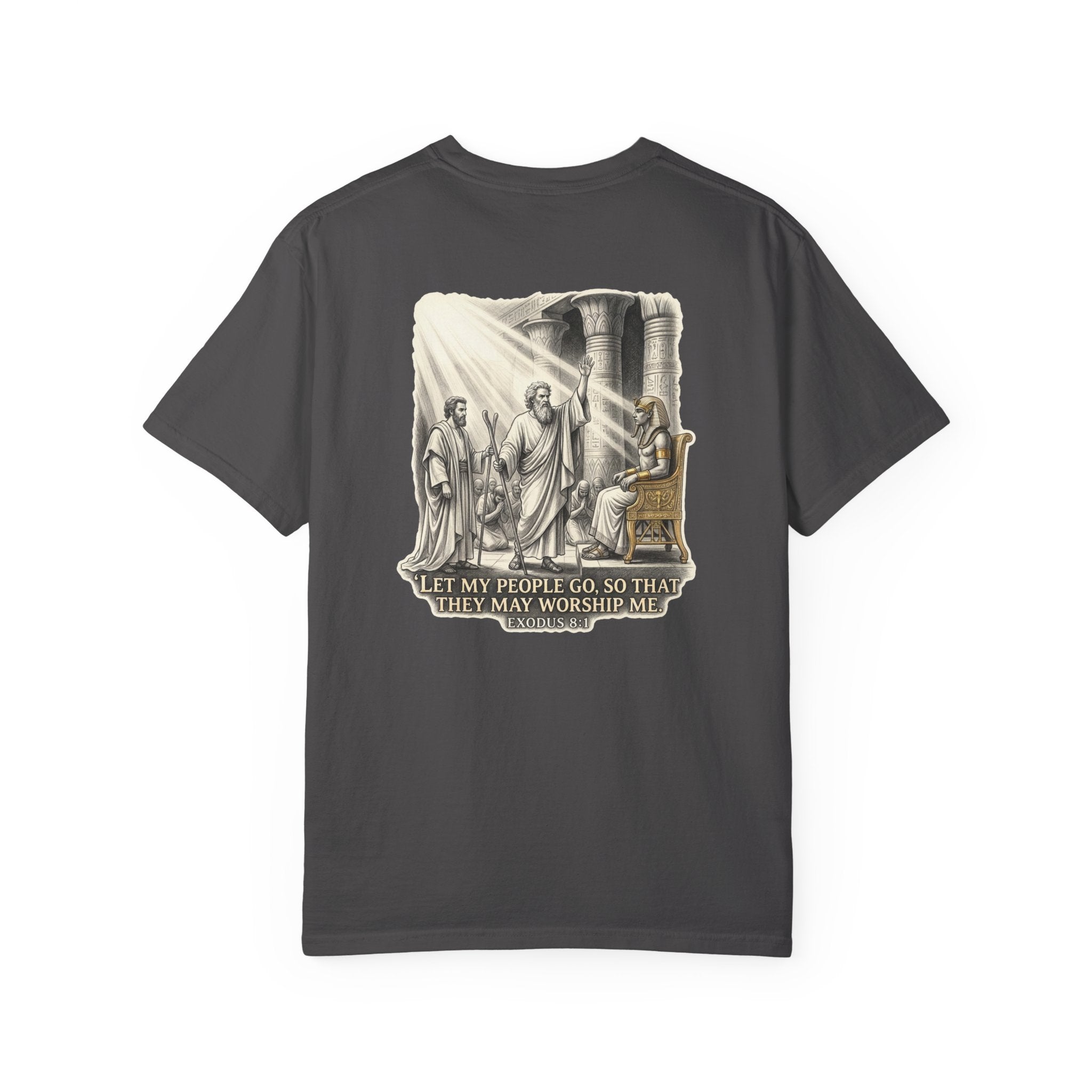 Religious T-Shirt — Small Cross Front & 'Let My People Go' Back Graphic