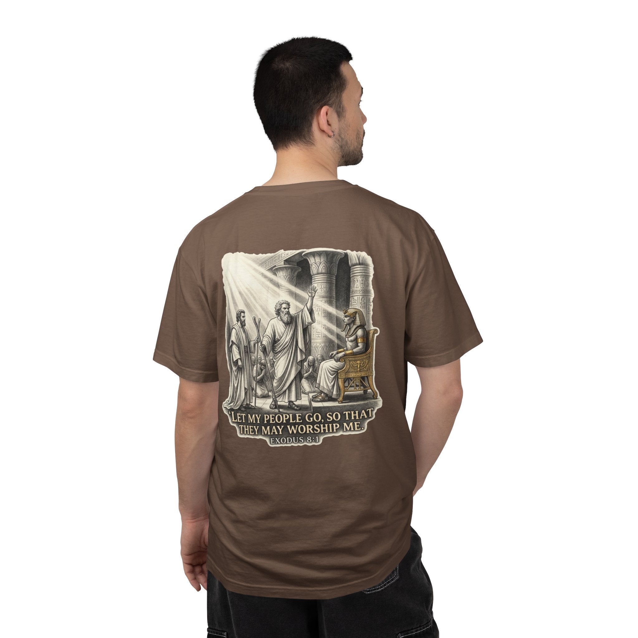 Religious T-Shirt — Small Cross Front & 'Let My People Go' Back Graphic