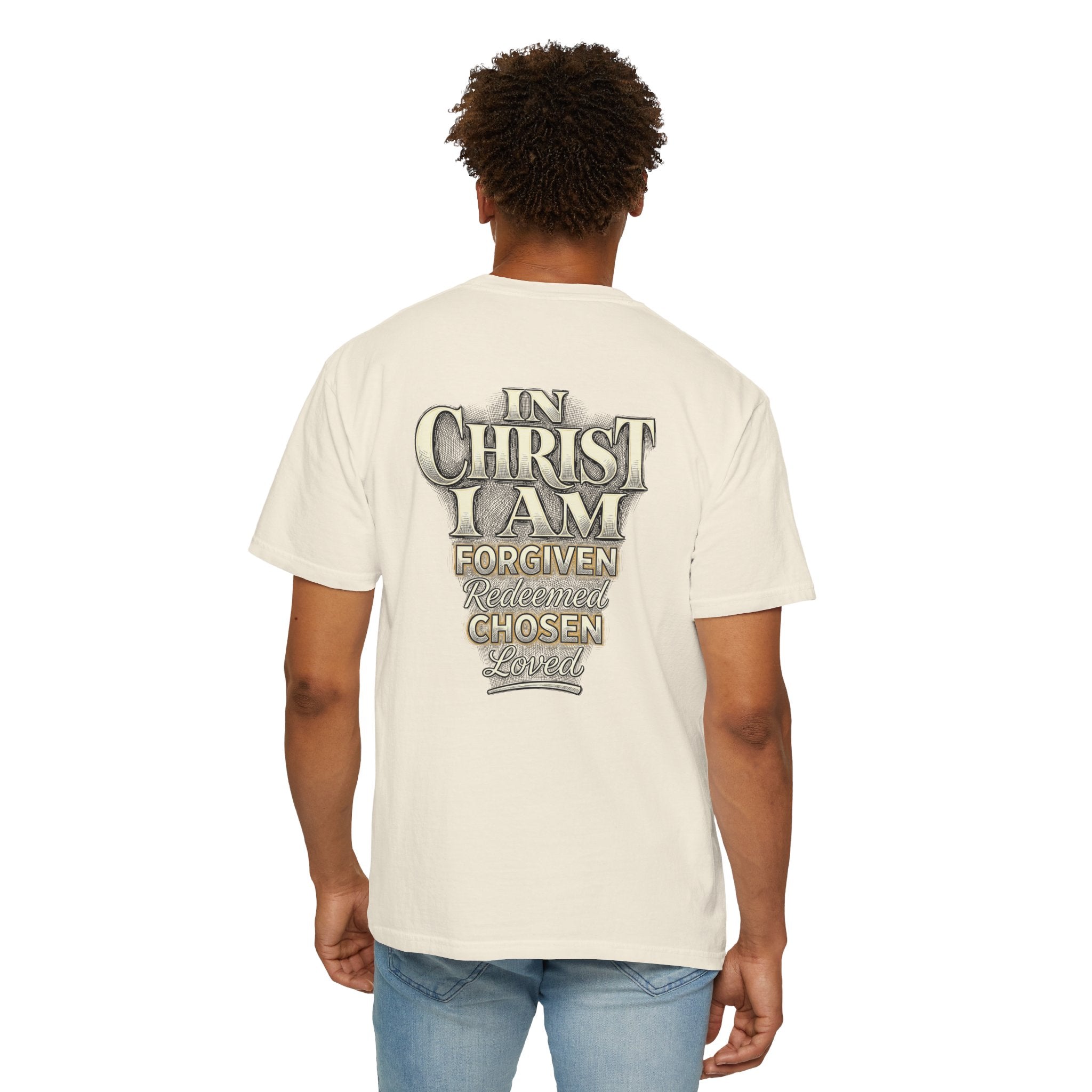Christian Cross T-Shirt — "In Christ I Am Forgiven, Redeemed, Chosen" Faith Tee