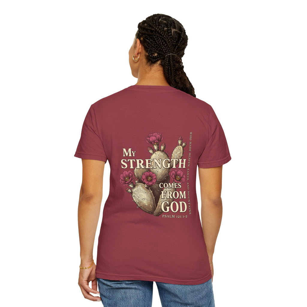 Christian Floral T‑Shirt — “My Strength Comes From God” Chest Cross Design