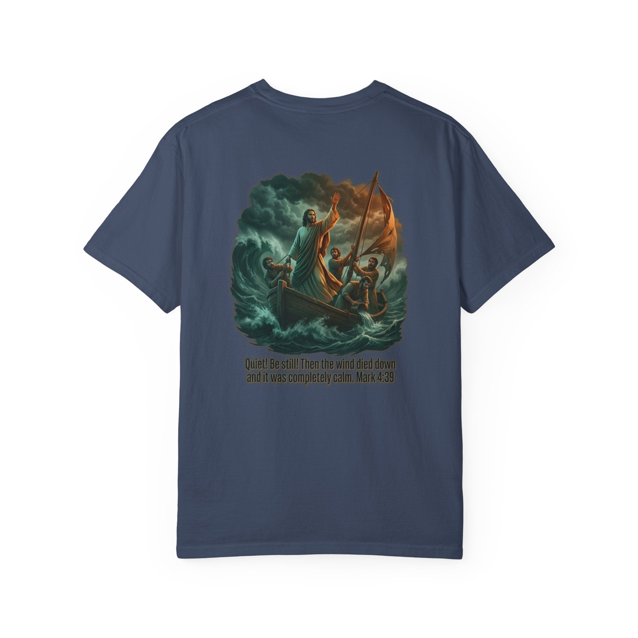 Christian Faith T-Shirt — 'He Said, "Be Still"' Boat Scene with Matthew 8:23-27 Biblical Tee