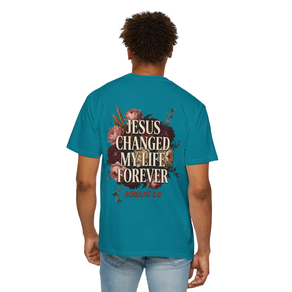 Christian T-Shirt — "Jesus Changed My Life Forever" Floral Cross Tee (Romans 5:8)
