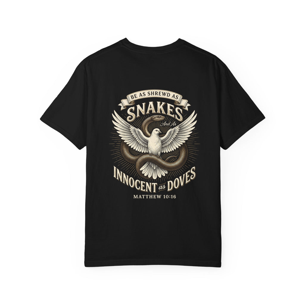 Christian Cross T-Shirt — "Be as Shrewd as Snakes, Innocent as Doves" Graphic Tee (Matthew 10:16)