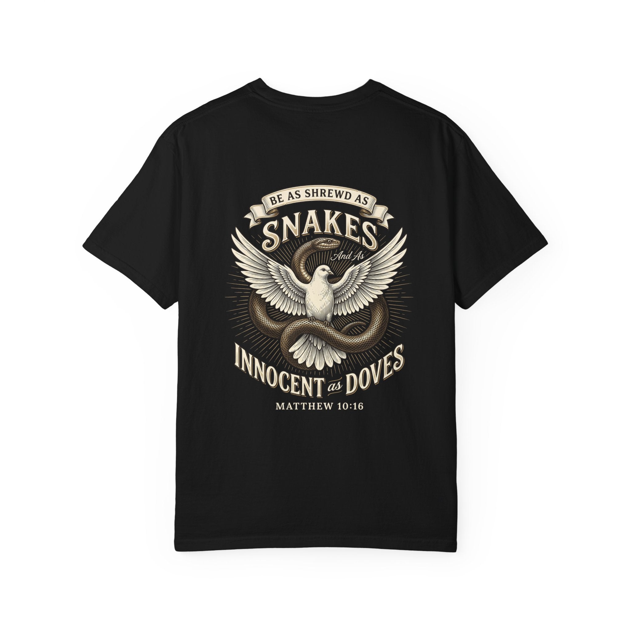 Christian Cross T-Shirt — "Be as Shrewd as Snakes, Innocent as Doves" Graphic Tee (Matthew 10:16)