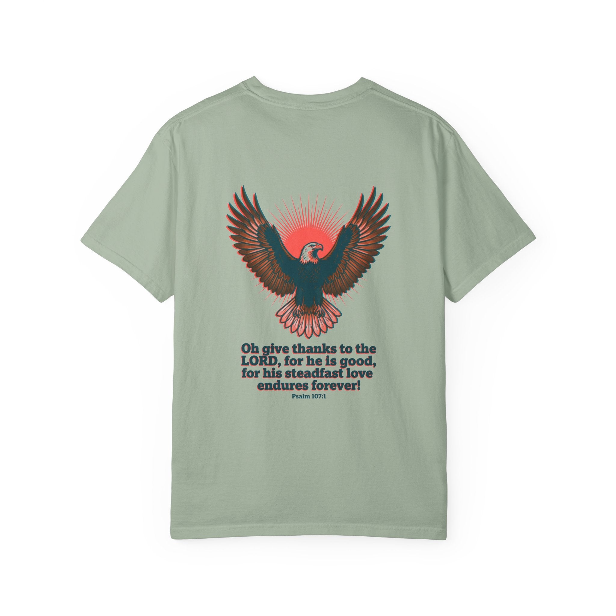 Christian Cross T-Shirt — Eagle Back Print with Psalm 107:1