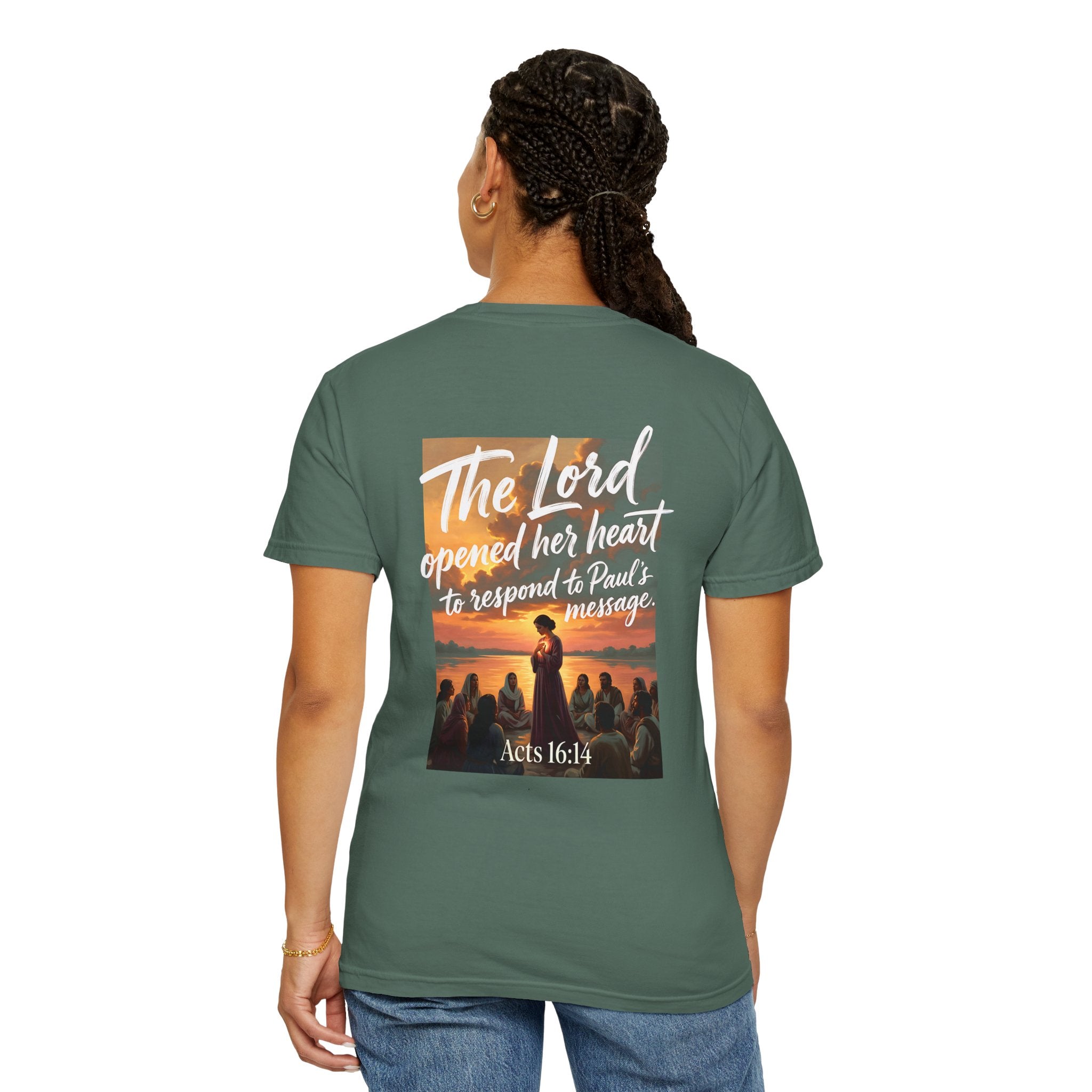 Christian T-Shirt — "The Lord opened her heart to respond to Paul's message" (Acts 16:14)