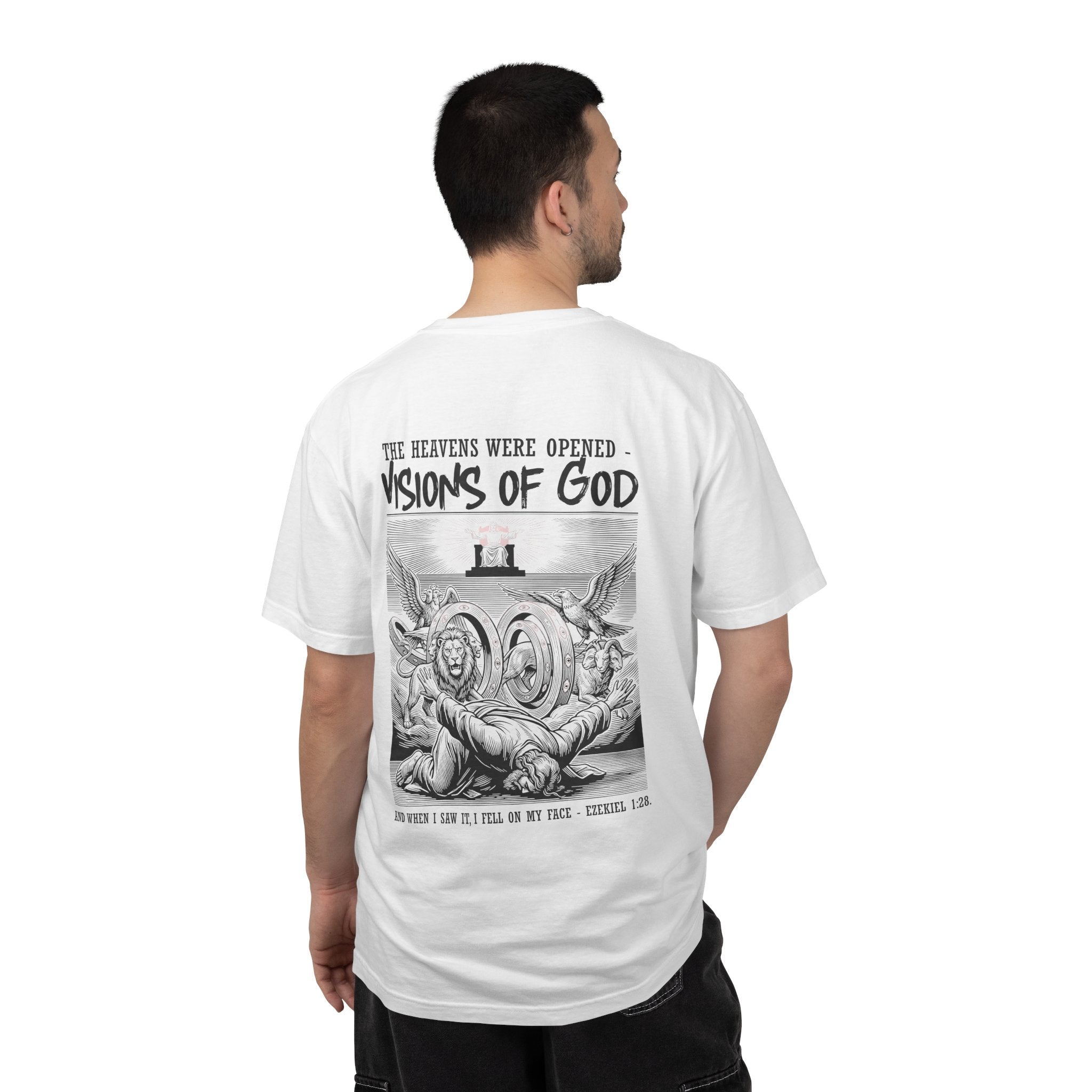 Religious T-Shirt — “Visions of God” Back Print with Small Cross