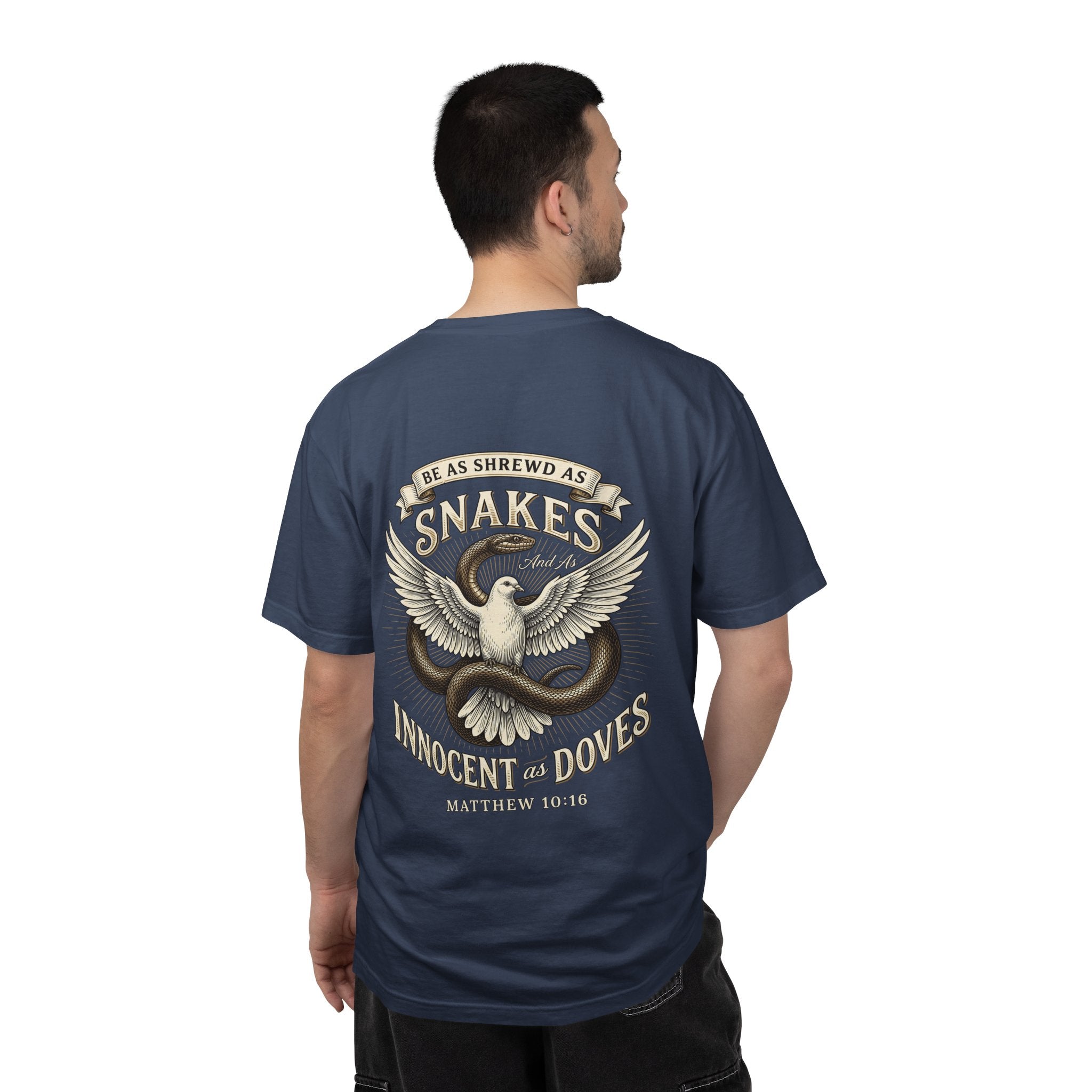 Christian Cross T-Shirt — "Be as Shrewd as Snakes, Innocent as Doves" Graphic Tee (Matthew 10:16)