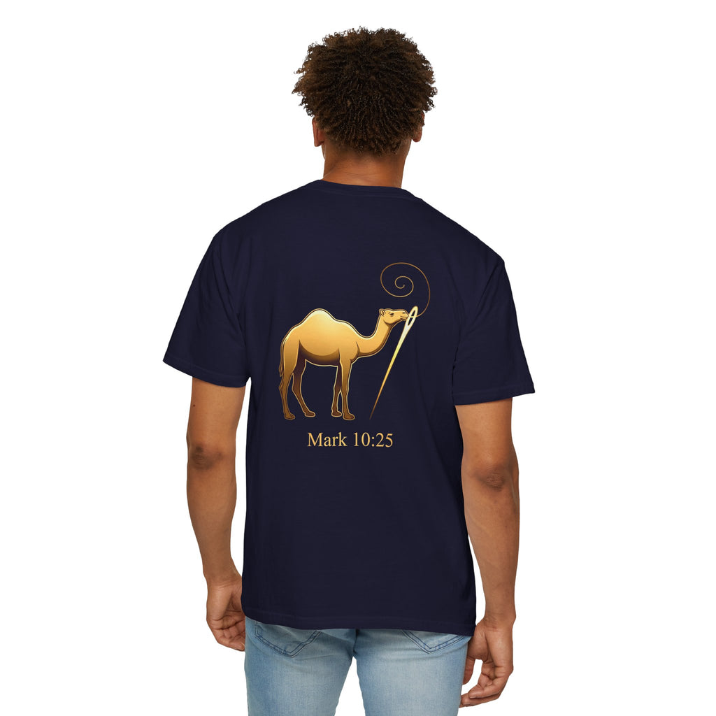Christian Cross T-Shirt with Gold Camel & "Mark 10:25" Back — Religious Faith Tee