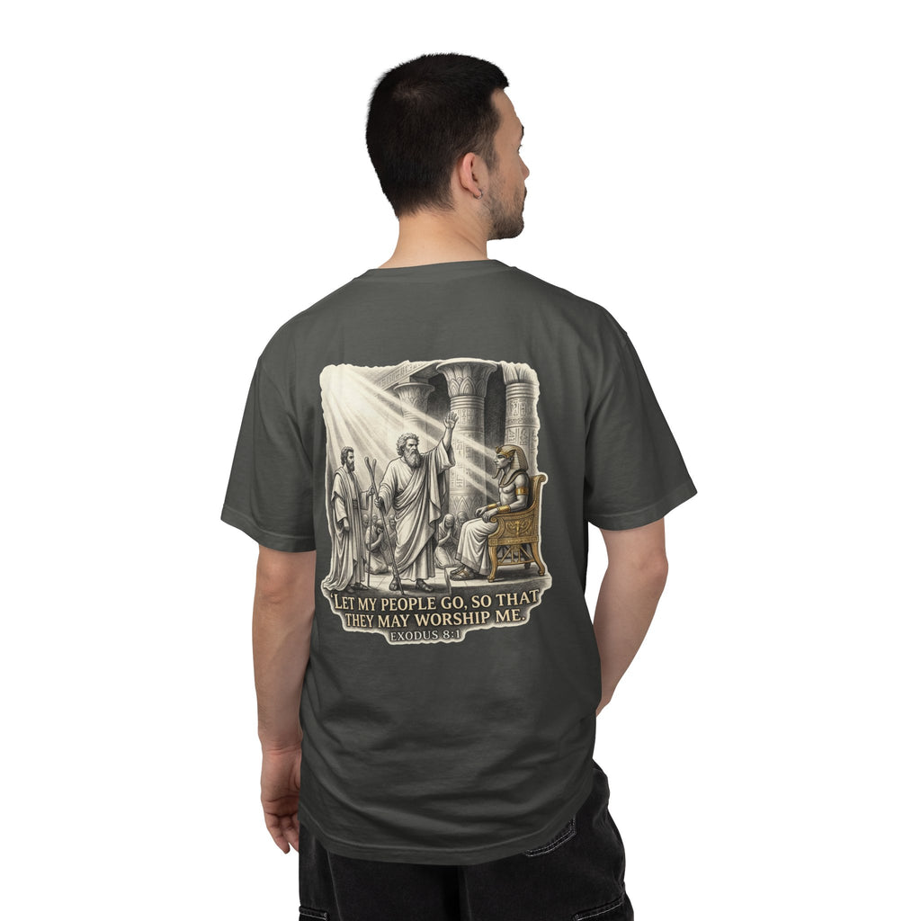Religious T-Shirt — Small Cross Front & 'Let My People Go' Back Graphic