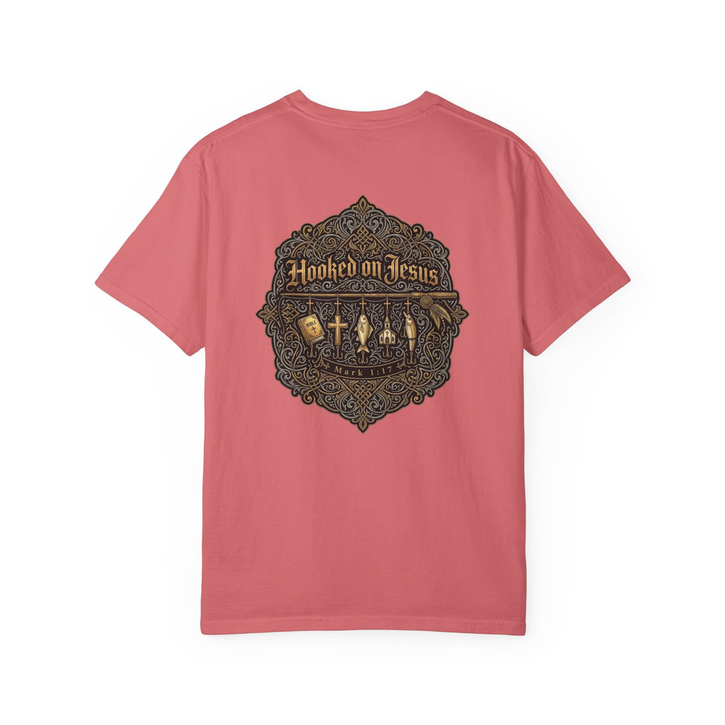 Hooked on Jesus T‑Shirt — Small Front Cross & Ornate Back Graphic