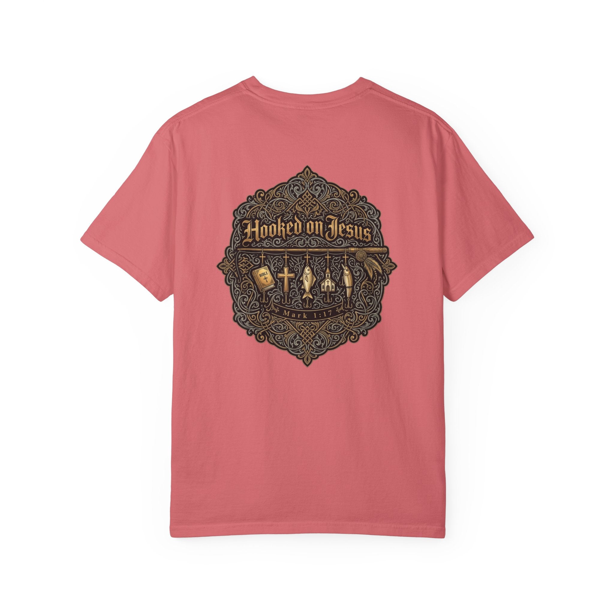 Hooked on Jesus T‑Shirt — Small Front Cross & Ornate Back Graphic