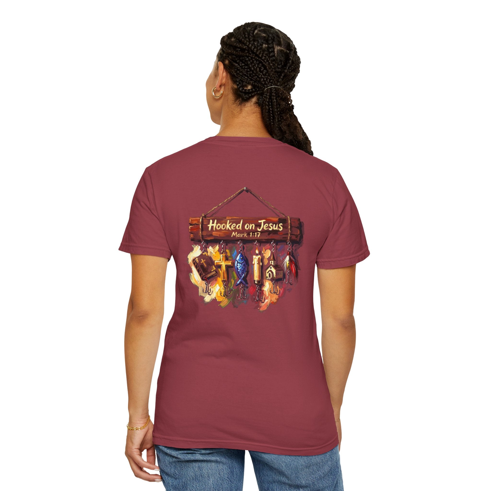 Christian Fishing T-Shirt — “Hooked on Jesus” Graphic Tee with Small Front Cross