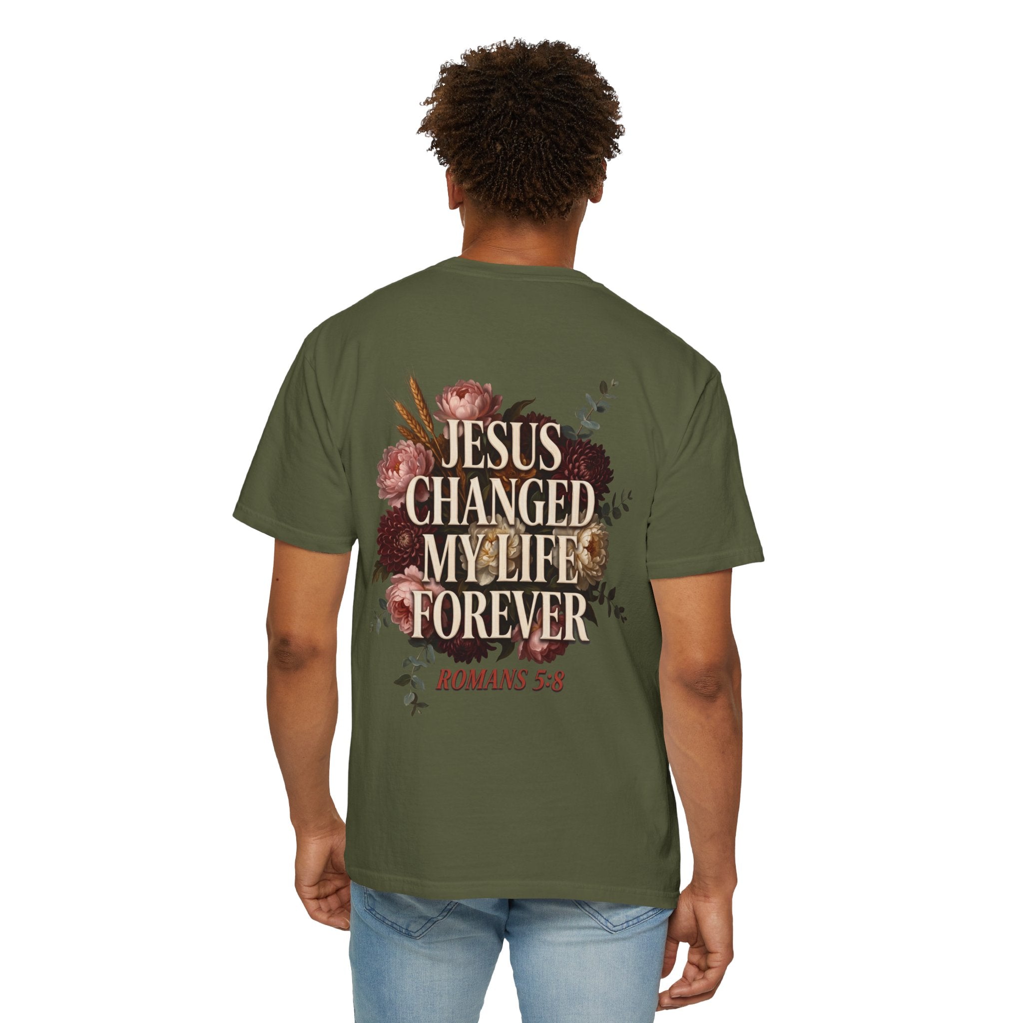 Christian T-Shirt — "Jesus Changed My Life Forever" Floral Cross Tee (Romans 5:8)