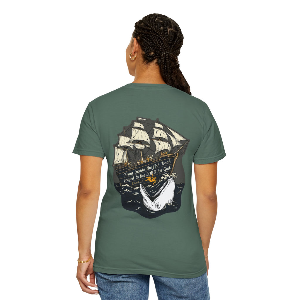 Christian Ship & Whale T-Shirt — 'From inside the fish Jonah prayed to the LORD his God' Chest Cross