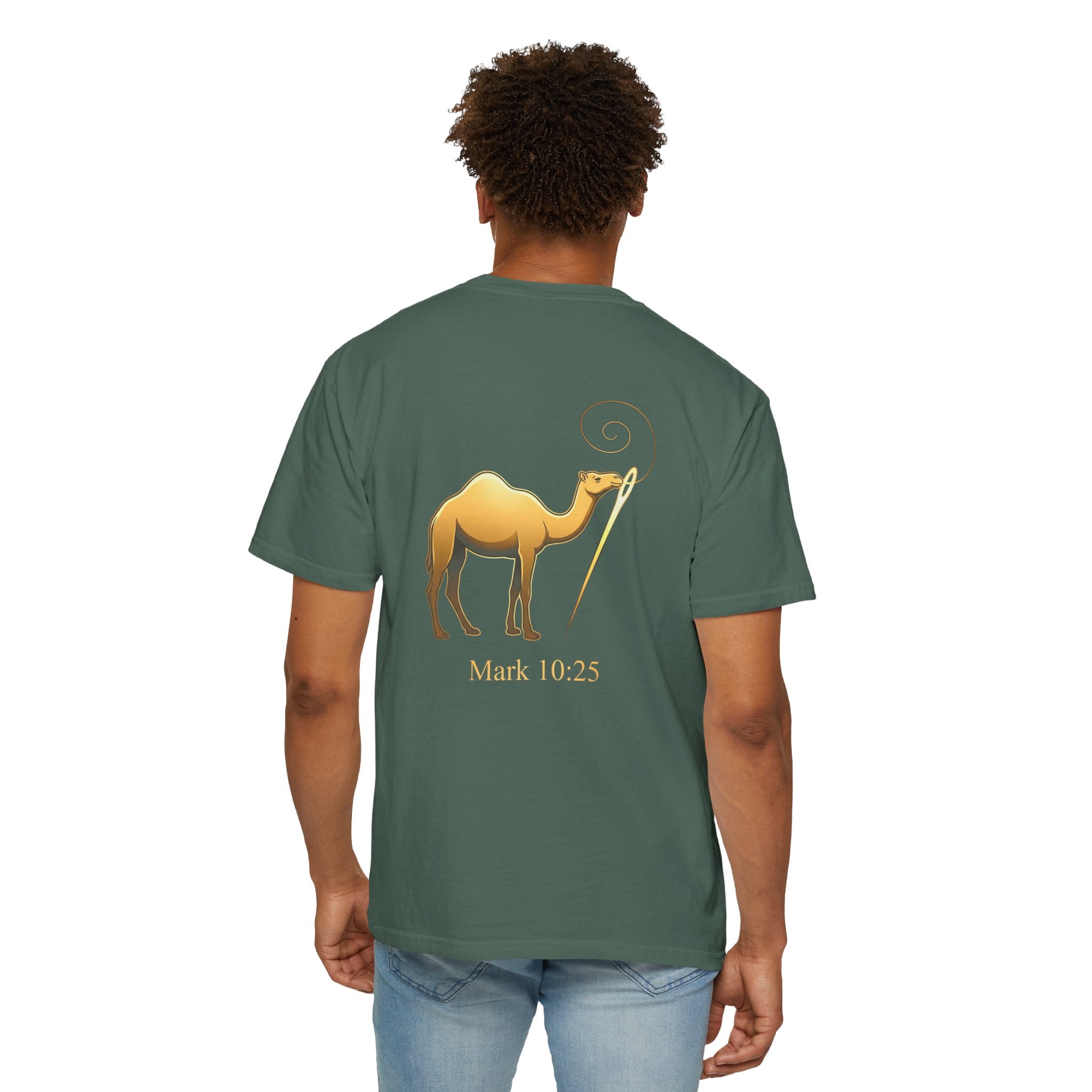 Christian Cross T-Shirt with Gold Camel & "Mark 10:25" Back — Religious Faith Tee