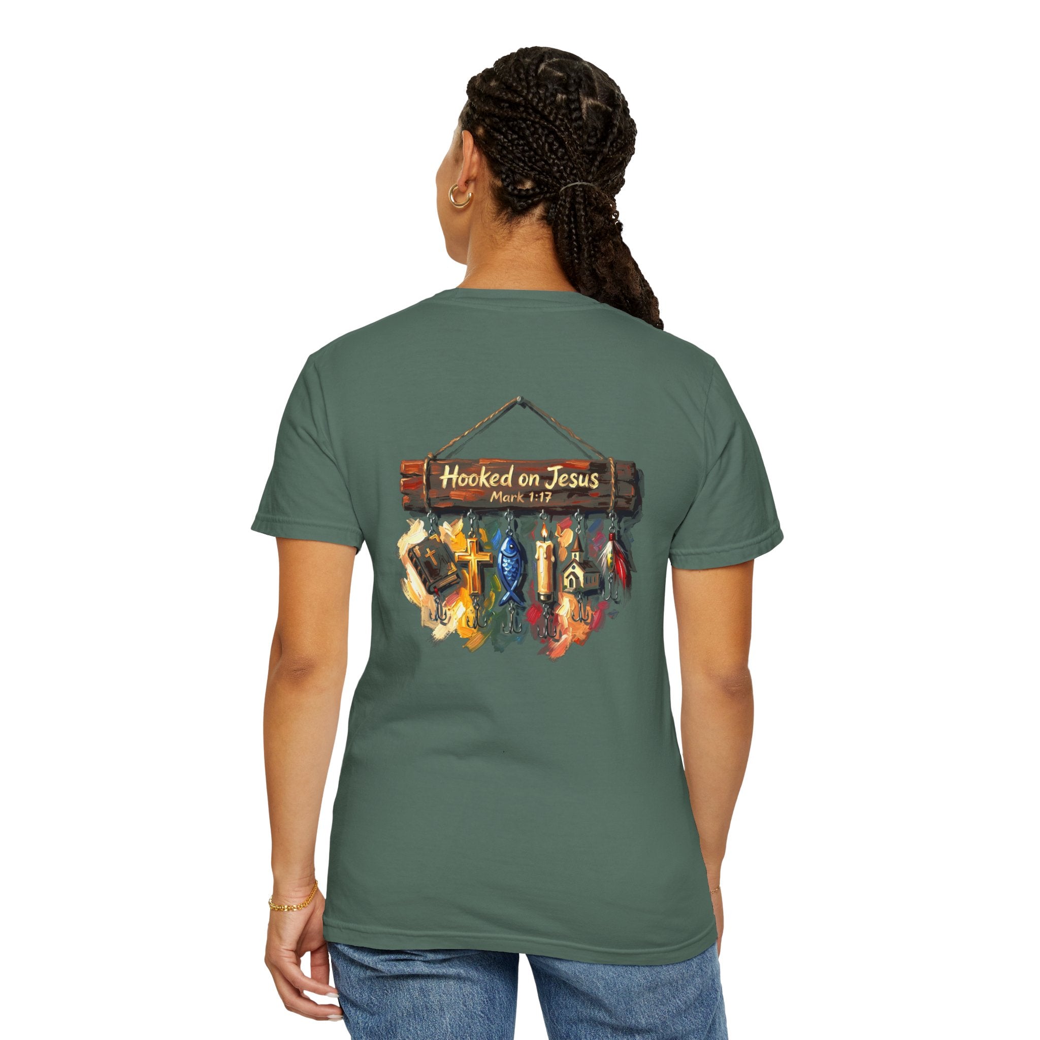 Christian Fishing T-Shirt — “Hooked on Jesus” Graphic Tee with Small Front Cross