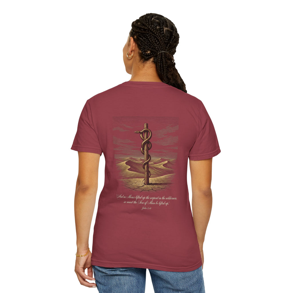 Christian Cross T-Shirt — Biblical Staff of Moses Desert Design with Scripture