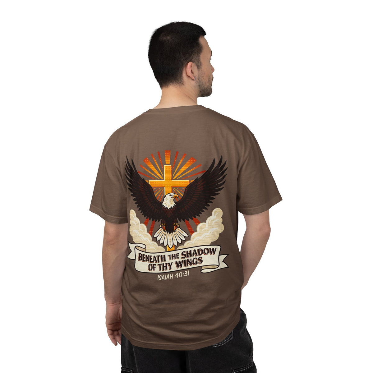 Christian Eagle Cross T‑Shirt — "Beneath the Shadow of Thy Wings" (Isaiah 40:3)