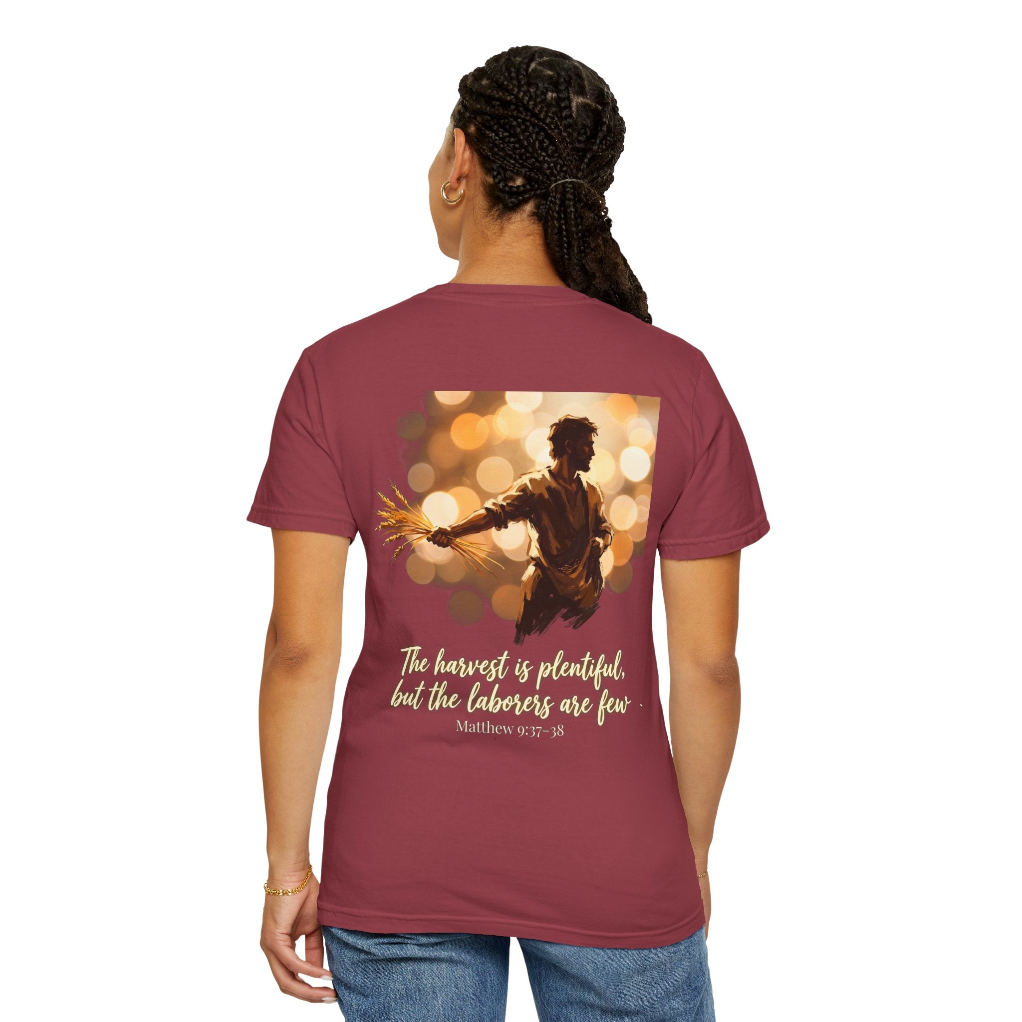 Christian Cross T-Shirt — "The harvest is plentiful, but the laborers are few" Back Graphic