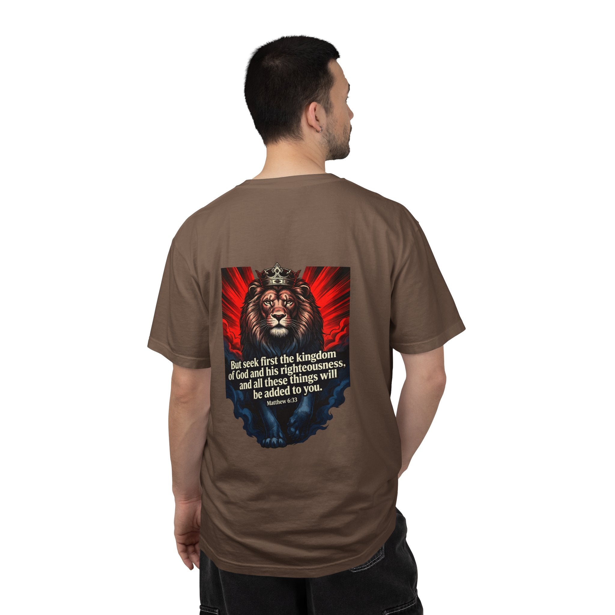 Christian Lion T-Shirt — 'But seek first the kingdom of God' Scripture Tee