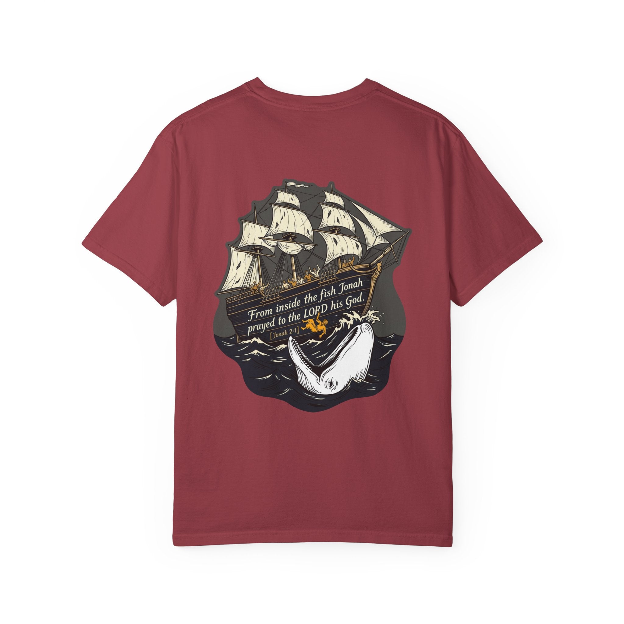 Christian Ship & Whale T-Shirt — 'From inside the fish Jonah prayed to the LORD his God' Chest Cross