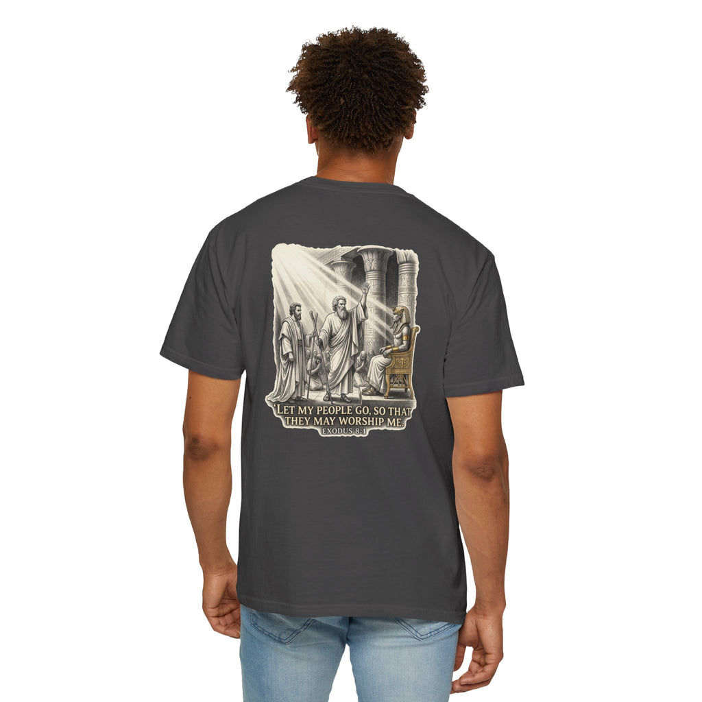 Religious T-Shirt — Small Cross Front & 'Let My People Go' Back Graphic