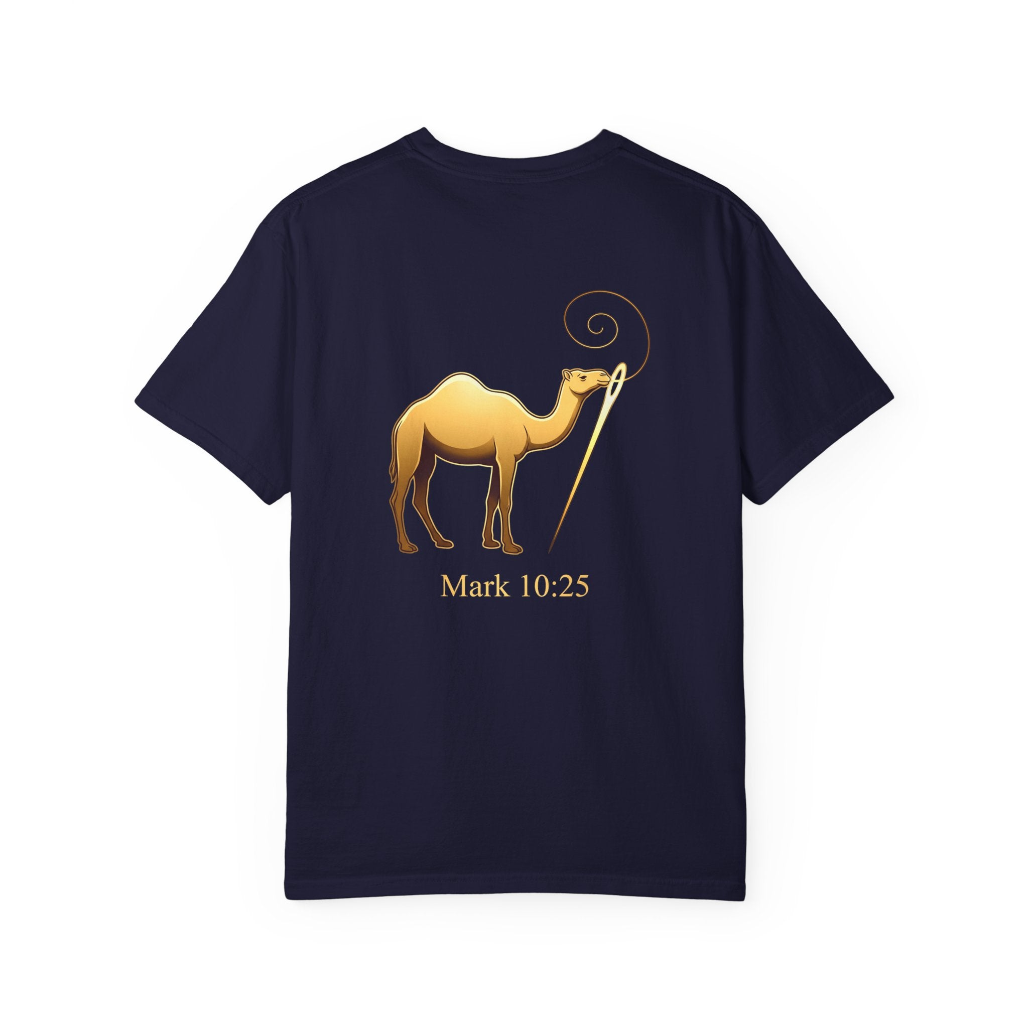 Christian Cross T-Shirt with Gold Camel & "Mark 10:25" Back — Religious Faith Tee