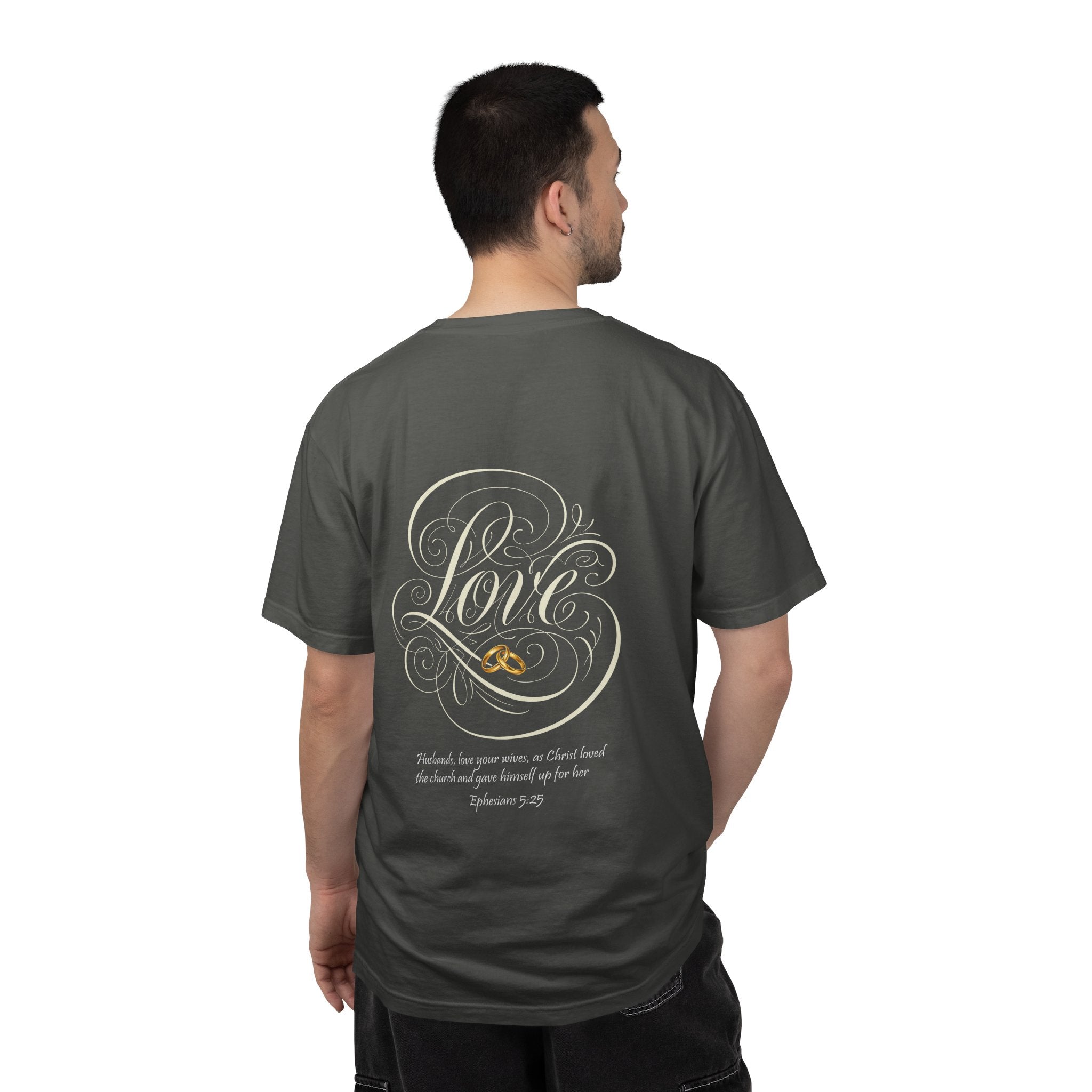 Christian Love Tee — Scripture Cross Back Design (1 John 4:19)