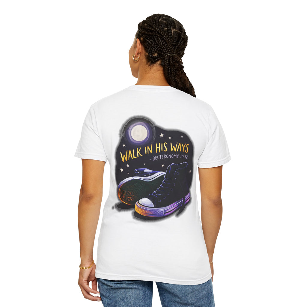 Walk in His Ways T-Shirt — Faith Cross Tee with Moonlit Sneakers (Deuteronomy 10:12)